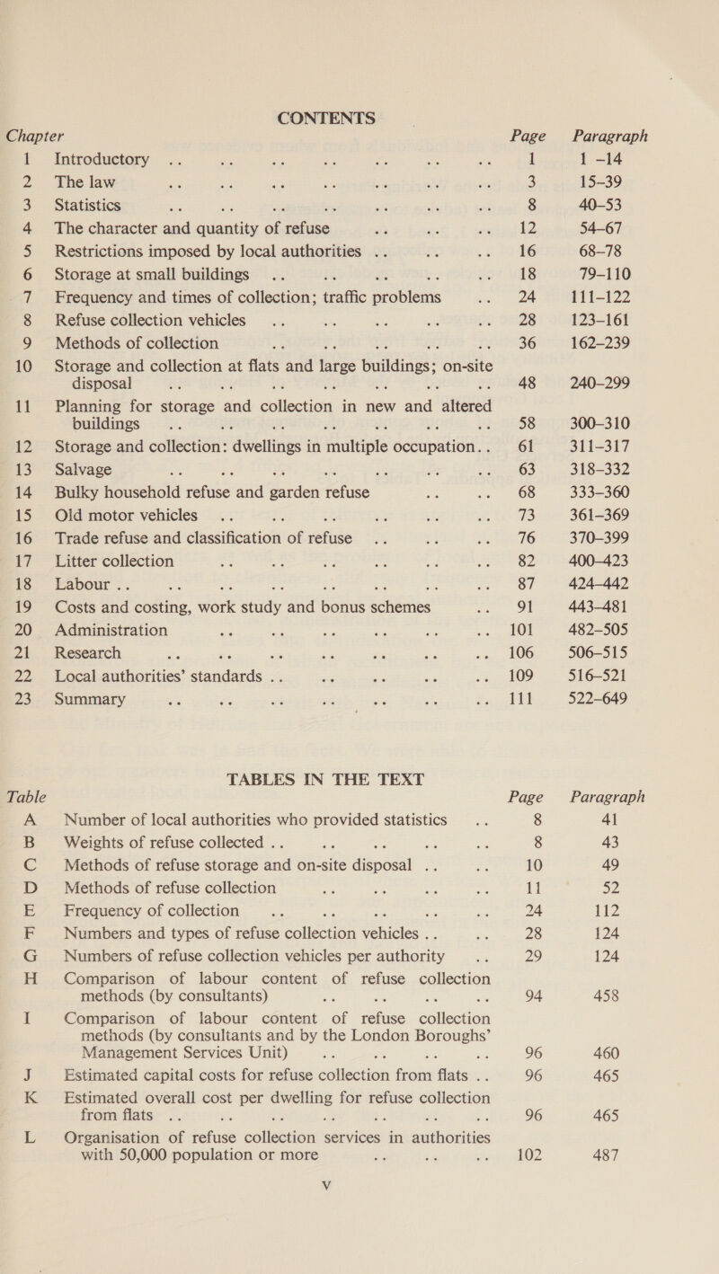 CONTENTS Chapter | Page Paragraph 1 Introductory .. a ne me as a sae 1 1 -14 2 The law ae so Pr es sh os i | 15-39 3 Statistics ae : et bc at 8 40-53 4 The character and patna = ola a re abun bet Mae 54-67 5 Restrictions imposed by local authorities .. z 6 TS 68-78 6 Storage at small buildings .. rr: WS 79-110 7 Frequency and times of collection; traffic sobs aah 111-122 8 Refuse collection vehicles .. - is By iy Ses 123-161 9 Methods of collection i ‘ 36 162-239 10 Storage and collection at flats and large buildings; on-site disposal a Pe: 48 240-299 11 Planning for storage and ellestion in new ae ‘attensd buildings... : pv thans 300-310 12 Storage and ootiscik: dvenities in diets éupaueHi 61 311-317 13 = Salvage me ie os ae 318-332 14. Bulky household oe and Sd eotase ae ss 68 333-360 15 Old motor vehicles... Aa ry se ae 8 361-369 16 Trade refuse and classification of eetide o re Bye 16 370-399 17 = Litter collection a ae &lt;&lt; * ba eo Oe 400-423 18 Labour. Ae : es 424-442 19 Costs Bod costing, irk ee and pote Scibriies cae DE 443-481 20 Administration we on 3 ae Are +, HOT 482-505 21 Research gs ; gt eS BA ae 2s. 106 506-515 22 Local authorities’ Aver i a ve = ..« 109 516-521 23 Summary a és i es oe sf Palate 522-649 TABLES IN THE TEXT Table Page Paragraph A Number of local authorities who provided statistics .. 8 41 B Weights of refuse collected . ag a a 8 43 C Methods of refuse storage bac on-site ‘Gipadil me = 10 49 D Methods of refuse collection Am a eee = 11 52 E ‘Frequency of collection Se ne ide 24 Li F Numbers and types of refuse sollescbn si Nl se 28 124 G Numbers of refuse collection vehicles per ae ae 29 124 H Comparison of labour content of refuse collection methods (by consultants) es Ee 94 458 I Comparison of labour content of refuse selec methods (by consultants and by the London errouene Management Services Unit) 2 ny ay 96 460 J Estimated capital costs for refuse collection ee flats tt 96 465 K Estimated overall cost per napa for refuse collection from flats .. oe A ‘ Bs 96 465 L Organisation of refuse solheeien services in pacts with 50,000 population or more te iZ ssi Bp OD 487 Vv