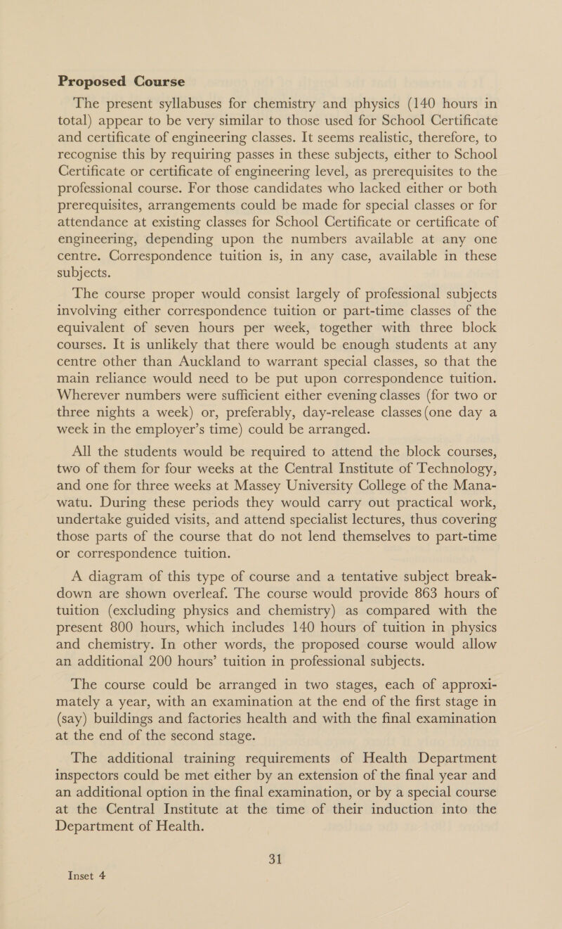 Proposed Course The present syllabuses for chemistry and physics (140 hours in total) appear to be very similar to those used for School Certificate and certificate of engineering classes. It seems realistic, therefore, to recognise this by requiring passes in these subjects, either to School Certificate or certificate of engineering level, as prerequisites to the professional course. For those candidates who lacked either or both prerequisites, arrangements could be made for special classes or for attendance at existing classes for School Certificate or certificate of engineering, depending upon the numbers available at any one centre. Correspondence tuition is, In any case, available in these subjects. The course proper would consist largely of professional subjects involving either correspondence tuition or part-time classes of the equivalent of seven hours per week, together with three block courses. It is unlikely that there would be enough students at any centre other than Auckland to warrant special classes, so that the main reliance would need to be put upon correspondence tuition. Wherever numbers were sufficient either evening classes (for two or three nights a week) or, preferably, day-release classes(one day a week in the employer’s time) could be arranged. All the students would be required to attend the block courses, two of them for four weeks at the Central Institute of Technology, and one for three weeks at Massey University College of the Mana- watu. During these periods they would carry out practical work, undertake guided visits, and attend specialist lectures, thus covering those parts of the course that do not lend themselves to part-time or correspondence tuition. | A diagram of this type of course and a tentative subject break- down are shown overleaf. The course would provide 863 hours of tuition (excluding physics and chemistry) as compared with the present 800 hours, which includes 140 hours of tuition in physics and chemistry. In other words, the proposed course would allow an additional 200 hours’ tuition in professional subjects. The course could be arranged in two stages, each of approxi- mately a year, with an examination at the end of the first stage in (say) buildings and factories health and with the final examination at the end of the second stage. The additional training requirements of Health Department inspectors could be met either by an extension of the final year and an additional option in the final examination, or by a special course at the Central Institute at the time of their induction into the Department of Health. 31