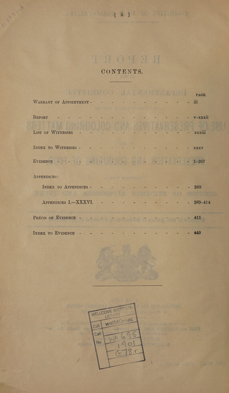 WARRANT OF APPOINTMENT - REPORT = - = - List oF WITNESSES~ - = INDEX TO WITNESSES - - EVIDENCE - - = 2 APPENDICES: INDEX TO APPENDICES - Prtcis oF EvIpENCE - : INDEX TO EVIDENCE - -  PAGE. ill V-XXxii XXXIi XXXV 1-267 268 269-414 415. 449