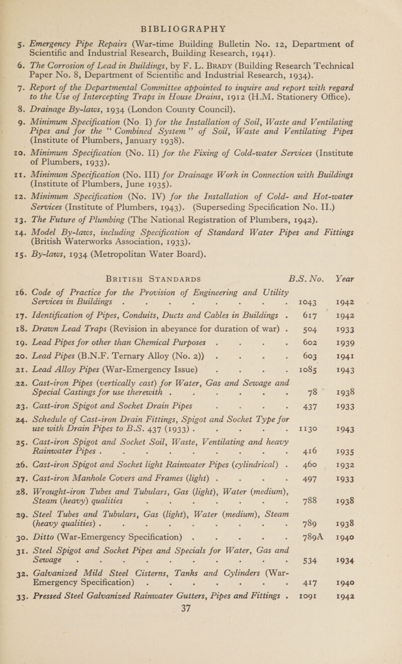 BIBLIOGRAPHY Scientific and Industrial Research, Building Research, 1941). Paper No. 8, Department of Scientific and Industrial Research, 1934). to the Use of Intercepting Traps in House Drains, 1912 (H.M. Stationery Office). Pipes and for the “‘ Combined System”? of Soil, Waste and Ventilating Pipes (Institute of Plumbers, January 1938). Minimum Specification (No. I1) for the Fixing of Cold-water Services (Institute of Plumbers, 1933). Minimum Specification (No. III) for Drainage Work in Connection with Buildings (Institute of Plumbers, June 1935). Minimum Specification (No. IV) for the Installation of Cold- and Hot-water Services (Institute of Plumbers, 1943). (Superseding Specification No. II.) The Future of Plumbing (The National Registration of Plumbers, 1942). Model By-laws, including Specification of Standard Water Pipes and Fittings (British Waterworks Association, 1933). By-laws, 1934 (Metropolitan Water Board). BRITISH STANDARDS B.S. No. Year Code of Practice for the Provision of ee and Utility Services in Buildings . : ; OAS 1942 Identification of Pipes, Conduits, Ducts and Cables in Buildings . 617 — 1942 Drawn Lead Traps (Revision in abeyance for duration of war) . 504 1933 Lead Pipes for other than Chemical Purposes . ; ; «| % 602 1939 Lead Pipes (B.N.F. Ternary Alloy (No. 2)) . { ‘ ~ 2 1663 1941 Lead Alloy Pipes (War-Emergency Issue) : ; : » FOSS 1943 Cast-iron Pipes (vertically cast) for Water, Gas and es and Special Castings for use therewith . F ; 43 1938 Cast-iron Spigot and Socket Drain Bipok 3 437 1933 Schedule of Cast-iron Drain Fittings, Spigot and Socket Tp ne use with Drain Pipes to B.S. 437 (1933) . : . £120 1943 Cast-iron Spigot and Socket Soil, Waste, Ventilating and Hee Rainwater Pipes . 416 1935 Cast-iron Spigot and Socket oe Rainwater fa pian 460 1932 Cast-iron Manhole Covers and Frames (light) . 4 ‘ 497 1933 Wrought-tron Tubes and es Gas ght), Water (medion, Steam (heavy) qualities ; 788 1938 Steel Tubes and Tubulars, Gas (igh, Water (medium), Steam (heavy qualities) . 789 1938 Ditto i ae ; : : 789A 1940 Steel Spigot and Socket a A Des and ee it Water, Gas and Sewage . 534 1934 Galvanized Mild Steel Cisterns, Tanks and Onlinders (War Emergency Specification) . 417 1940 Pressed Steel Galvanized Rainwater Guat Pipes and Fas . I0gi 1942 ah