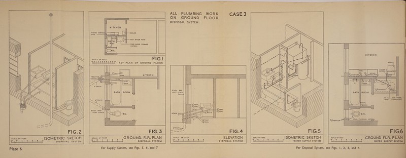 2.9 Plate 6   RISING SERVICE} PIPE iy HOT WATER TANK J COLD WATER STORAGE CISTERN i—_S\ Ny N NN NN Ss N Ny N N Ss) iS y WW FIG.| SCALE OF FEET LLL LIL ' ‘ ot ' ' BATH !! ROOM 4 SOIL AND VENT STACK ! ° 2 , s@ROUND. FLR. PLAN DISPOSAL SYSTEM DISPOSAL SYSTEM  For Supply System, see Figs. 5, 6, and 7    ALL PLUMBING - WORK ON GROUND FLOOR DISPOSAL SYSTEM. 4SOIL AND VENT STACK       see ewes --- nang    rag or Aer iy WASTE ee ES Br       1% TRAP     Zi UZSEAL Vie WYER AG           ELEVATION DISPOSAL SYSTEM [te Ea ie ae nee ean ae WATER SUPPLY SYSTEM     KITCHEN BOILER SG, GW eo 7 ] (FLOW | RETURN (INSULATED) KW 40 GAL. HOT WATER. ~ | TANK. (INSULATED) ~ eigcan Dr A_ A | O a é sue yyy 2GAL. FLUSHING CISTERN 12 ° 1 2 : 