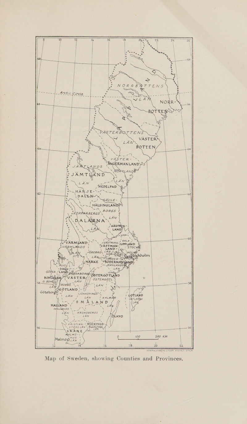         \ ee \.-'5. HALSINGLAN   i. {VASTMAN-; ee \ LAND Ay (TOREBRO) *AN DERMANIY a: MANLANOS N)   ~-—- ote Nee hee . >) KRISTIAN-' BLEKINGE..{ \ STADS LAN ~, BEEKINGE SKANE        GENERALSTABENS LITOGR. ANSTALT, STHLM Map of Sweden, showing Counties and Provinces.