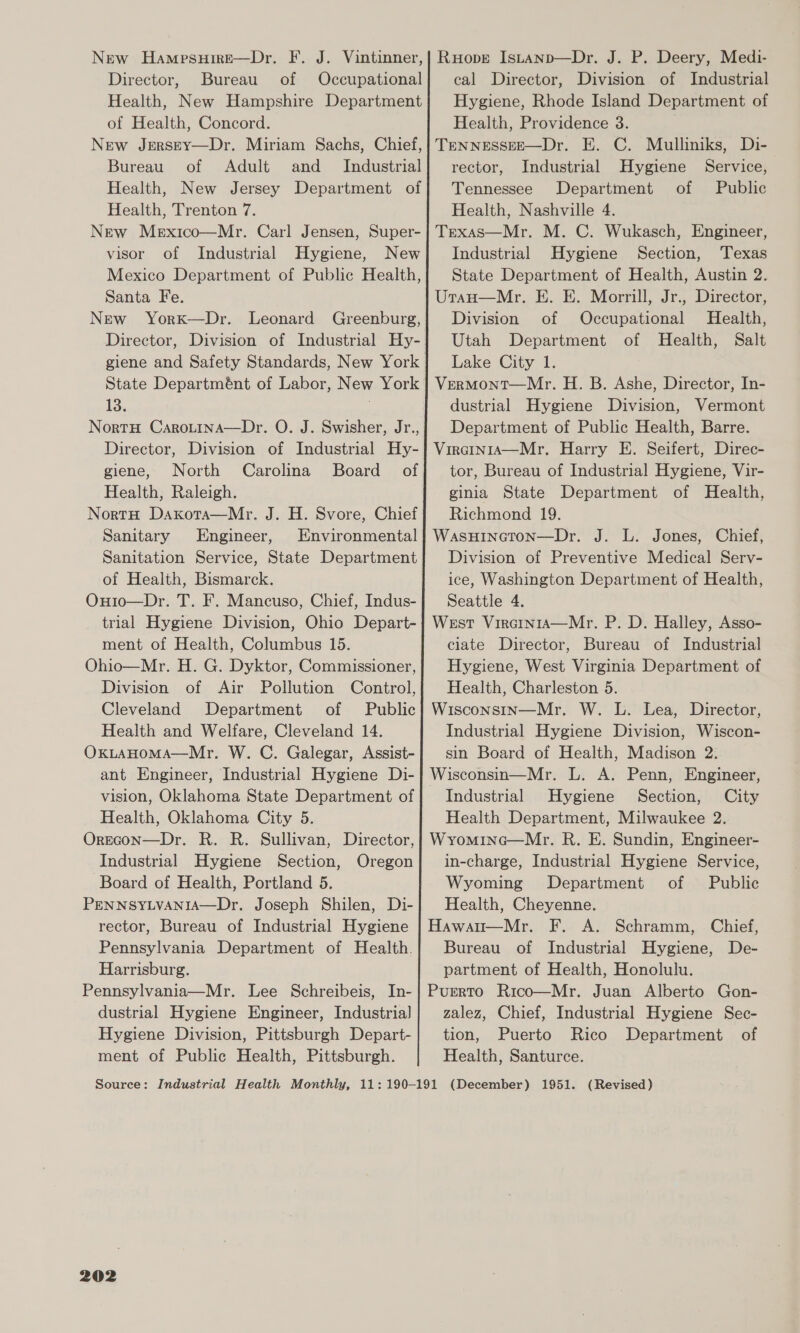 New Hampsuire—Dr. F. J. Vintinner, Director, Bureau of Occupational Health, New Hampshire Department of Health, Concord. New Jersey—Dr. Miriam Sachs, Chief, Bureau of Adult and _ Industrial Health, New Jersey Department of Health, Trenton 7. New Mexico—Mr. Carl Jensen, Super- visor of Industrial Hygiene, New Mexico Department of Public Health, Santa Fe. New YorK—Dr. Leonard Greenburg, Director, Division of Industrial Hy- giene and Safety Standards, New York 13. NortH Carotina—Dr. O. J. Swisher, Jr., Director, Division of Industrial Hy- giene, North Carolina Board of Health, Raleigh. NortH Daxota—Mr. J. H. Svore, Chief Sanitary Engineer, Environmental Sanitation Service, State Department of Health, Bismarck. Outo—Dr. T. F. Mancuso, Chief, Indus- trial Hygiene Division, Ohio Depart- ment of Health, Columbus 15. Ohio—Mr. H. G. Dyktor, Commissioner, Division of Air Pollution Control, Cleveland Department of Public Health and Welfare, Cleveland 14. OxLaAHoMA—Mr. W. C. Galegar, Assist- ant Engineer, Industrial Hygiene Di- vision, Oklahoma State Department of Health, Oklahoma City 5. Orecon—Dr. R. R. Sullivan, Director, Industrial Hygiene Section, Oregon Board of Health, Portland 5. PENNSYLVANIA—Dr. Joseph Shilen, Di- rector, Bureau of Industrial Hygiene Pennsylvania Department of Health. Harrisburg. Pennsylvania—Mr. Lee Schreibeis, In- dustrial Hygiene Engineer, Industria] Hygiene Division, Pittsburgh Depart- ment of Public Health, Pittsburgh. 202 cal Director, Division of Industrial Hygiene, Rhode Island Department of Health, Providence 3. Service, Public rector, Industrial Hygiene Tennessee Department of Health, Nashville 4. Industrial Hygiene Section, Texas State Department of Health, Austin 2. Utau—Mr. E. E. Morrill, Jr., Director, Division of Occupational Health, Utah Department of MHealth, Salt Lake City 1. VermMontT—Mr. H. B. Ashe, Director, In- dustrial Hygiene Division, Vermont Department of Public Health, Barre. Vircintia—Mr, Harry E. Seifert, Direc- tor, Bureau of Industrial Hygiene, Vir- ginia State Department of Health, Richmond 19. WasHINGToN—Dr. J. L. Jones, Chief, Division of Preventive Medical Serv- ice, Washington Department of Health, Seattle 4. West Vircin1A—Mr. P. D. Halley, Asso- ciate Director, Bureau of Industrial Hygiene, West Virginia Department of Health, Charleston 5. Wisconsin—Mr. W. L. Lea, Director, Industrial Hygiene Division, Wiscon- sin Board of Health, Madison 2. Wisconsin—Mr. L. A. Penn, Engineer, Industrial Hygiene Section, City Health Department, Milwaukee 2. Wyomina—Mr. R. E. Sundin, Engineer- in-charge, Industrial Hygiene Service, Wyoming Department of Public Health, Cheyenne. Hawau—Mr. F. A. Schramm, Chief, Bureau of Industrial Hygiene, De- partment of Health, Honolulu. Puerto Rico—Mr. Juan Alberto Gon- zalez, Chief, Industrial Hygiene Sec- tion, Puerto Rico Department of Health, Santurce. (Revised )