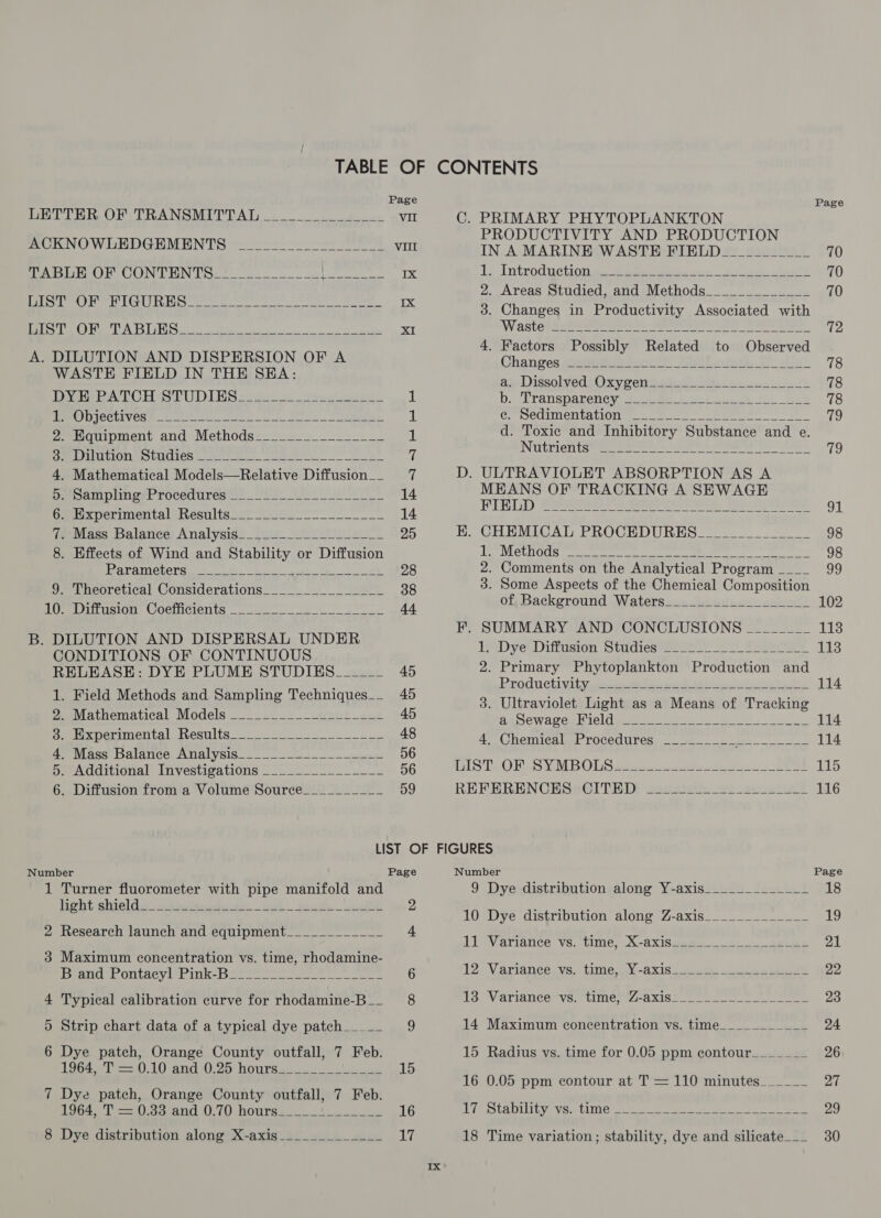 LETTER OF TRANSMITTAL ACKNOWLEDGEMENTS TABLE OF CONTENTS__ A UBSS pes ON tial vil CEG Oi Sg Ls ip cae el i ca LIST OF TABLES__ ‘ Z A. DILUTION AND DISPERSION OF A WASTE FIELD IN THE SEA: DYEePATCH STUDIES s2ue. 2. Sy . Objectives . Equipment and Methods__ = LE . Dilution Studies 2 . Mathematical iMod slot Ratntave Dirac . Sampling Procedures mx perimentaly hwesalts=2 222s =* . Mass Balance Analysis_______ . Effects of Wind and Stability or eDiuricion Parameters 9. Theoretical Considerations______ E 10. Diffusion Coefficients __ B. DILUTION AND DISPERSAL UNDER CONDITIONS OF CONTINUOUS RELEASE: DYE PLUME STUDIES_____- 1. Field Methods and Sampling Techniques__ . Mathematical Models ____ ea . Experimental Results________ ere . Mass Balance Analysis_________________ . Additional Investigations 2 ee . Diffusion from a Volume Source__________            anNoaowrwhdre        oS OTH CS bo VII Vill Ix Ix XI AQ HHH 45 45 45 48 56 56 E. i PRODUCTIVITY AND PRODUCTION IN A MARINE WASTE FIELD____---__ 1. Introduction 2. Areas Studied, and Methods seks 3. Changes in Productivity Associated with Waste Factors Changes a. Dissolved Oxygen__ “4 x b. Transparency ______ E f ce. Sedimentation d. Toxic and Inhibitory Substance and e. INUtrients chee —   Possibly Related iis Observed  4,      MEANS OF TRACKING A SEWAGE FIELD eu ees ee eee CHEMICAL PROCEDURES___ 1. Methods Ke 2. Comments on the Analytical “Program ified 3. Some Aspects of the Chemical Composition of Background Waters_____     SUMMARY AND CONCLUSIONS  2. Primary Phytoplankton Production and Prodiuctivit vies 3. Ultraviolet Light as a Means of Tracking a Sewage Field Se # Chemical Procedures _________. f      Number 1 Turner fluorometer with pipe manifold and light shield____ pete aa .  bo  Research launch and equipment a 3 Maximum concentration vs. time, rhodamine- Brana Ontacyitr ik De Typical calibration curve for rhodamine-B__  i) Strip chart data of a typical dye patch_____ lop) Dye patch, Orange County outfall, 7 Feb. 1964, T = 0.10 and 0.25 hours_ ete 7 Dye patch, Orange County outfall, 7 Feb. 1964. T= 0.33 and 0.70 hoursi____'—_...__. 8 Dye distribution along X-axis___________   Page Ix 9 10 ah 12 13 14 15 16 17 18 Dye distribution along Y-axis___ Ste  Dye distribution along Z-axis  Variance vs. time, X-axis__ —  Variance vs. time, Y-axis____  Variance vs. time, Z-axis -  Maximum concentration vs. time___________ Radius vs. time for 0.05 ppm contour_____ __ 0.05 ppm contour at T = 110 minutes______ Stability vs. time _____ e  Time variation ; stability, dye and silicate___ Page 70 70 72 78 78 78 {hy 91 98 98 v9 102 114 114 114 115 116 Page 18 19 21 22 23 24 26 29 30