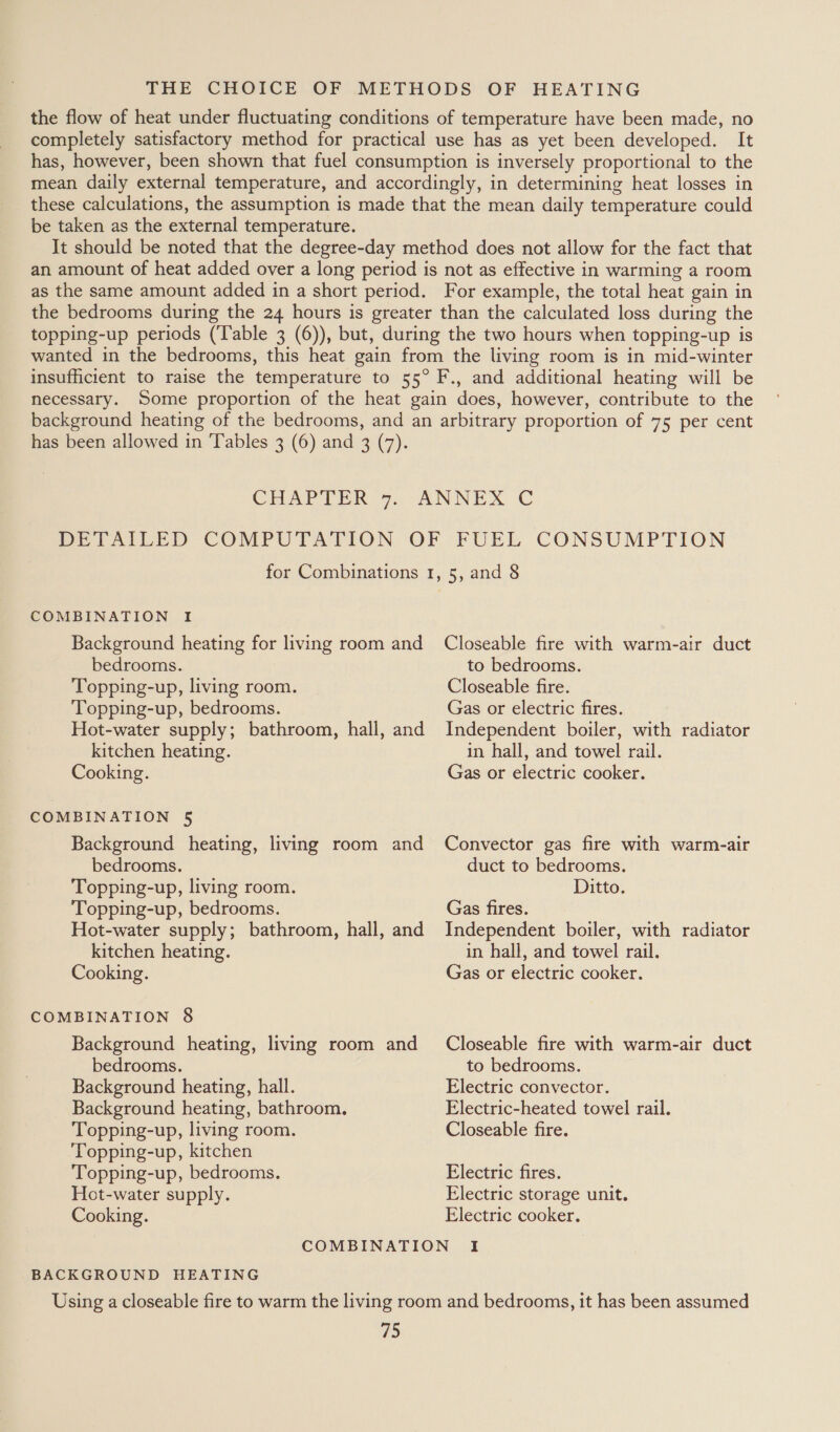 the flow of heat under fluctuating conditions of temperature have been made, no completely satisfactory method for practical use has as yet been developed. It has, however, been shown that fuel consumption is inversely proportional to the mean daily external temperature, and accordingly, in determining heat losses in these calculations, the assumption is made that the mean daily temperature could be taken as the external temperature. It should be noted that the degree-day method does not allow for the fact that an amount of heat added over a long period is not as effective in warming a room as the same amount added in a short period. For example, the total heat gain in the bedrooms during the 24 hours is greater than the calculated loss during the topping-up periods (Table 3 (6)), but, during the two hours when topping-up is wanted in the bedrooms, this heat gain from the living room is in mid-winter insufficient to raise the temperature to 55° F., and additional heating will be necessary. Some proportion of the heat gain does, however, contribute to the background heating of the bedrooms, and an arbitrary proportion of 75 per cent has been allowed in ‘Tables 3 (6) and 3 (7). CHAPTER 7. ANNEX C DETAILED COMPUTATION OF FUEL CONSUMPTION for Combinations 1, 5, and 8 COMBINATION I Background heating for living room and_ Closeable fire with warm-air duct bedrooms. to bedrooms. Topping-up, living room. Closeable fire. Topping-up, bedrooms. Gas or electric fires. Hot-water supply; bathroom, hall, and Independent boiler, with radiator kitchen heating. in hall, and towel rail. Cooking. Gas or electric cooker. COMBINATION 5 Background heating, living room and Convector gas fire with warm-air bedrooms. duct to bedrooms. Topping-up, living room. Ditto. Topping-up, bedrooms. Gas fires. Hot-water supply; bathroom, hall, and Independent boiler, with radiator kitchen heating. in hall, and towel rail. Cooking. Gas or electric cooker. COMBINATION 8 Background heating, living room and _ Closeable fire with warm-air duct bedrooms. to bedrooms. Background heating, hall. Electric convector. Background heating, bathroom. Electric-heated towel rail. Topping-up, living room. Closeable fire. Topping-up, kitchen Topping-up, bedrooms. Electric fires. Hot-water supply. Electric storage unit. Cooking. Electric cooker. COMBINATION I BACKGROUND HEATING Using a closeable fire to warm the living room and bedrooms, it has been assumed
