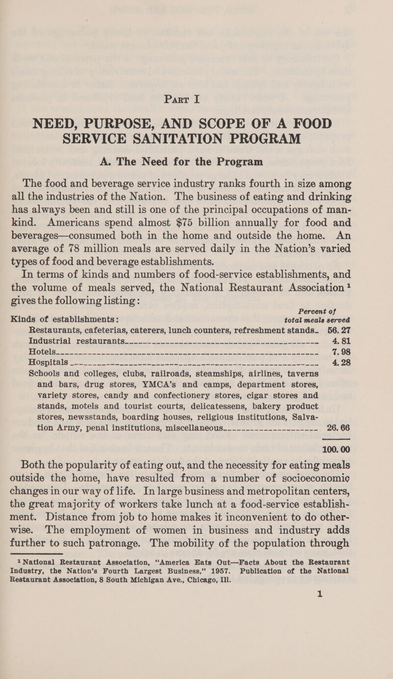 NEED, PURPOSE, AND SCOPE OF A FOOD SERVICE SANITATION PROGRAM A. The Need for the Program The food and beverage service industry ranks fourth in size among all the industries of the Nation. The business of eating and drinking has always been and still is one of the principal occupations of man- kind. Americans spend almost $75 billion annually for food and beverages—consumed both in the home and outside the home. An average of 78 million meals are served daily in the Nation’s varied types of food and beverage establishments. In terms of kinds and numbers of food-service establishments, and the volume of meals served, the National Restaurant Association ? gives the following listing: Percent of Kinds of establishments: total meals served Restaurants, cafeterias, caterers, lunch counters, refreshment stands. 56. 27 One ulrigl. TOStAU TORE 8. etna menuitem at ok de tae e eee 4.81 1 OC a ET ae a ee ne ee A EN er ee ee 7. 98 NT ios | Spee, syaabileaet _snemralteniatiae se ME eee aa. BA RAGAN ATEN. SRN. LITA TE IR 4,28 Schools and colleges, clubs, railroads, steamships, airlines, taverns and bars, drug stores, YMCA’s and camps, department stores, variety stores, candy and confectionery stores, cigar stores and stands, motels and tourist courts, delicatessens, bakery product stores, newsstands, boarding houses, religious institutions, Salva- tion Army, penal institutions, miscellaneous_____________-____-__- 26. 66  100. 00 Both the popularity of eating out, and the necessity for eating meals outside the home, have resulted from a number of socioeconomi¢ changes in our way of life. In large business and metropolitan centers, the great majority of workers take lunch at a food-service establish- ment. Distance from job to home makes it inconvenient to do other- wise. The employment of women in business and industry adds further to such patronage. The mobility of the population through 1 National Restaurant Association, ‘“‘America Eats Out—Facts About the Restaurant Industry, the Nation’s Fourth Largest Business,” 1957. Publication of the National Restaurant Association, 8 South Michigan Ave., Chicago, III. 1