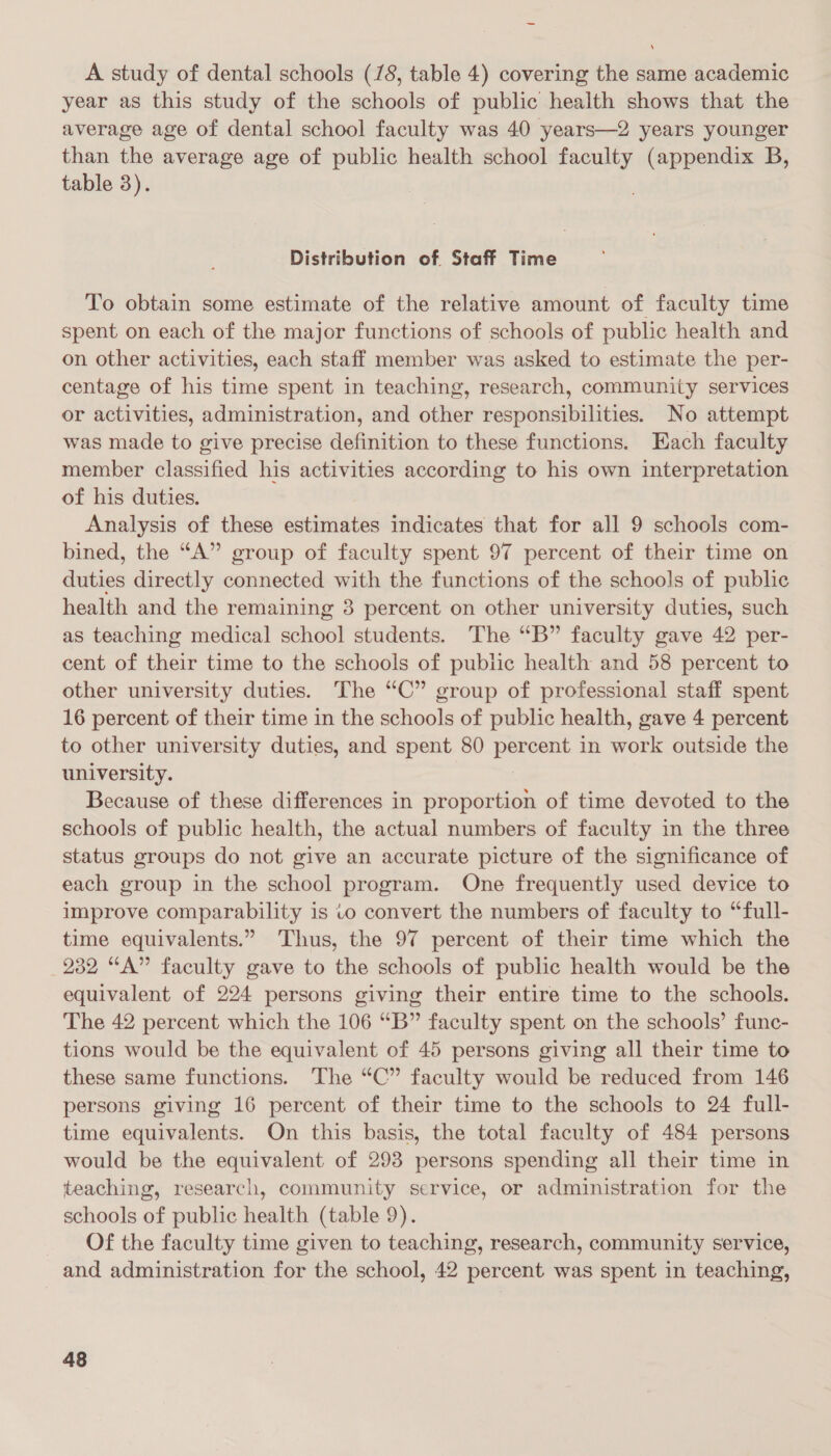 A study of dental schools (18, table 4) covering the same academic year as this study of the schools of public health shows that the average age of dental school faculty was 40 years—2 years younger than the average age of public health school faculty (appendix B, table 3). Distribution of Staff Time To obtain some estimate of the relative amount of faculty time spent on each of the major functions of schools of public health and on other activities, each staff member was asked to estimate the per- centage of his time spent in teaching, research, community services or activities, administration, and other responsibilities. No attempt was made to give precise definition to these functions. Each faculty member classified his activities according to his own interpretation of his duties. Analysis of these estimates indicates that for all 9 schools com- bined, the “A” group of faculty spent 97 percent of their time on duties directly connected with the functions of the schools of public health and the remaining 38 percent on other university duties, such as teaching medical school students. The “B” faculty gave 42 per- cent of their time to the schools of public health and 58 percent to other university duties. The “C” group of professional staff spent 16 percent of their time in the schools of public health, gave 4 percent to other university duties, and spent 80 percent in work outside the university. Because of these differences in proportion of time devoted to the schools of public health, the actual numbers of faculty in the three status groups do not give an accurate picture of the significance of each group in the school program. One frequently used device to improve comparability is vo convert the numbers of faculty to “full- time equivalents.” Thus, the 97 percent of their time which the 232 “A” faculty gave to the schools of public health would be the equivalent of 224 persons giving their entire time to the schools. The 42 percent which the 106 “B” faculty spent on the schools’ func- tions would be the equivalent of 45 persons giving all their time to these same functions. The “C” faculty would be reduced from 146 persons giving 16 percent of their time to the schools to 24 full- time equivalents. On this basis, the total faculty of 484 persons would be the equivalent of 293 persons spending all their time in teaching, research, community service, or administration for the schools of public health (table 9). Of the faculty time given to teaching, research, community service, and administration for the school, 42 percent was spent in teaching,