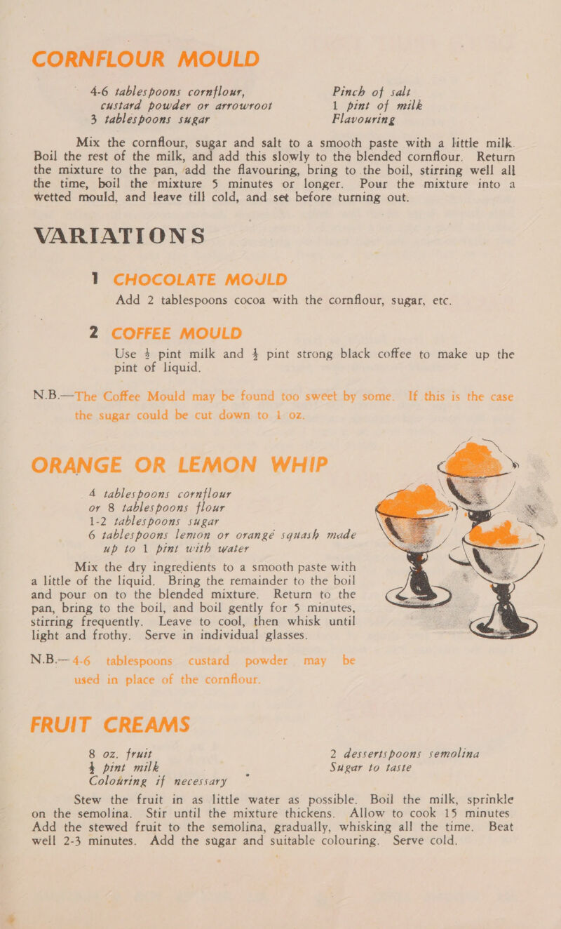CORNFLOUR MOULD 4-6 tablespoons cornflour, Pinch of salt custard powder or arrowroot 1 pint of milk 3 tablespooms sugar Flavouring Mix the cornflour, sugar and salt to a smooth paste with a little milk. Boil the rest of the milk, and add this slowly to the blended cornflour. Return the mixture to the pan, add the flavouring, bring to the boil, stirring well all the time, boil the mixture 5 minutes or longer. Pour the mixture into a wetted mould, and leave till cold, and set before turning out. VARIATIONS 1 CHOCOLATE MOJLD Add 2 tablespoons cocoa with the cornflour, sugar, etc. 2 COFFEE MOULD Use 4 pint milk and 4 pint strong black coffee to make up the pint of liquid. N.B.—The Coffee Mould may be found too sweet by some. If this is the case the sugar could be cut down to 1 oz. ORANGE OR LEMON WHIP 4 tablespoons cornflour or 8 tablespoons flour 1-2 tablespoons sugar 6 tablespoons lemon or orangé squash made up to 1 pint with water Mix the dry ingredients to a smooth paste with a little of the liquid. Bring the remainder to the boil and pour on to the blended mixture. Return to the pan, bring to the boil, and boil gently for 5 minutes, stirring frequently. Leave to cool, then whisk until light and frothy. Serve in individual glasses.  N.B.— 4-6 tablespoons custard powder may be used in place of the cornflour. FRUIT CREAMS 8 oz. fruit 2 dessertspoons semolina 4 pint milk . Sugar to taste Colouring tf necessary Stew the fruit in as little water as possible. Boil the milk, sprinkle on the semolina. Stir until the mixture thickens. Allow to cook 15 minutes Add the stewed fruit to the semolina, gradually, whisking all the time. Beat well 2-3 minutes. Add the sugar and suitable colouring. Serve cold.