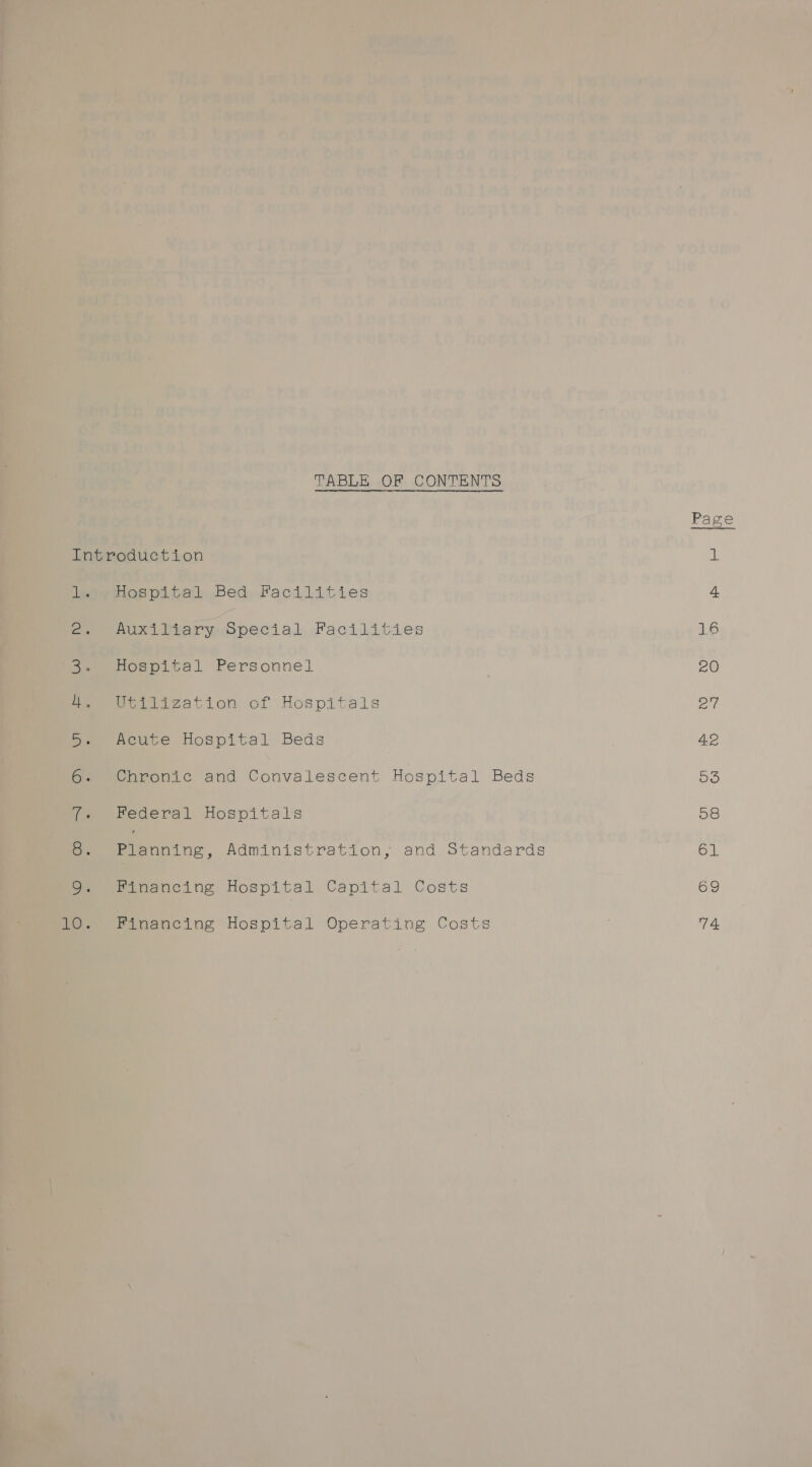 TABLE OF CONTENTS Introduction 1. Hospital Bed Facilities e. Suni Marynopecial Facilities Hospital Personnel Pereteetion of Hospitais Acute Hospital Beds Chronic and Convalescent Hospital Beds Federal Hospitals Planning, Administration, and Standards LO™&gt; CSF Sh sO) Si -- Co Financing Hospital Capital Costs tO. Financing Hospital Operating Costs AO rade 42 ore) o8 onl 69 74