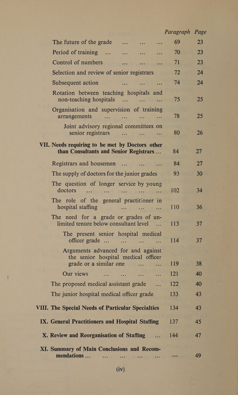 Paragraph Page The future of the grade is We ae 69 23 Period of training ... ane Ne ao 70 23 Control of numbers ae oy? wn v5 23 Selection and review of senior registrars 72 24 Subsequent action ia ae Fe. 74 24 Rotation between teaching hospitals and non-teaching hospitals... oe he 75 eae Organisation and supervision of training arrangements ae ie oe ze 78 25 Joint advisory regional committees on senior registrars eh oi ne 80 26 VII. Needs requiring to be met by Doctors other than Consultants and Senior Registrars ... 84 Ze Registrars and housemen ... rh ote 84 | pa The supply of doctors for the junior grades 93 30 The question of longer service by young dOCtOrs 7 ain he RY Ne fsnteen OZ 34 The role of the general practitioner in hospital staffing oa de coe eek LO 36 The need for a grade or grades of un- limited tenure below consultant level ... 113 ae The present senior hospital medical officer grade ... es bh ee) ae 37 Arguments advanced for and against the senior hospital medical officer grade or a similar one te. onan LG 38° Our views ae if or eras i! 40 The proposed medical assistant grade ... 122 40 The junior hospital medical officer grade I33 43 VIII. The Special Needs of Particular Specialties 134 43 IX. General Practitioners and Hospital Staffing 137 45 X. Review and Reorganisation of Staffing ... 144 47 XI. Summary of Main Conclusions and Recom- mendations ... es! ae we is, — 49