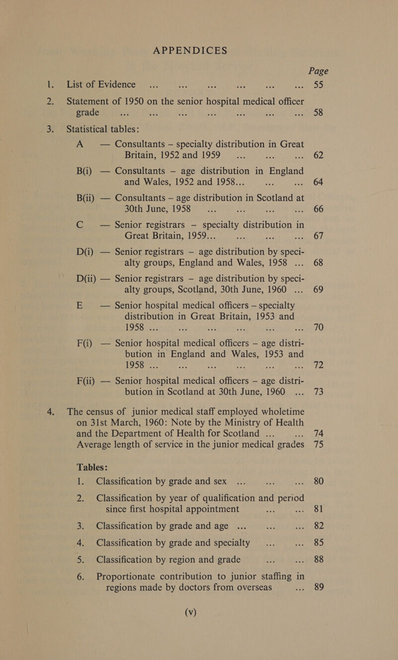 APPENDICES Page Peer bisworevidence ... a irs Hs ae, a 2. Statement of 1950 on the senior hospital medical officer grade bay neh re ia am i ved 18 3. Statistical tables: A — Consultants — specialty distribution in Great Britain, 1952 and 1959 ___.... us at OL Bi) — Consultants — age distribution in England and Wales, 1952 and 1958... a Peel OF BGi) — Consultants — age distribution in Scotland at 30th June, 1958 a “A a ... 66 C — Senior registrars — specialty distribution in Great Britain, 1959... if Le Pee y DG) — Senior registrars — age distribution by speci- alty groups, England and Wales, 1958 ... 68 D(ii) — Senior registrars — age distribution by speci- alty groups, Scotland, 30th June, 1960 ... 69 E — Senior hospital medical officers — specialty distribution in Great Britain, 1953 and LOSS ess At 4 sie rt Re TAY) FG) — Senior hospital medical officers — age distri- bution in ernie and Wales, 1953 and 1958. r 72 F@i) — Senior eect medical officers — age distri- bution in Scotland at 30th June, 1960 ... 73 4. The census of junior medical staff employed wholetime on 31st March, 1960: Note by the Ministry of Health and the Department of Health for Scotland . saad eC Average length of service in the junior medical grades 71> Tables: 1. Classification by grade and sex ... se iw SO 2. Classification by year of qualification and period since first hospital appointment we KAS | 3. Classification by grade and age ... e) ee 4. Classification by grade and specialty... lugs: 5. Classification by region and grade ts 4088 6. Proportionate contribution to junior staffing in regions made by doctors from overseas ate)
