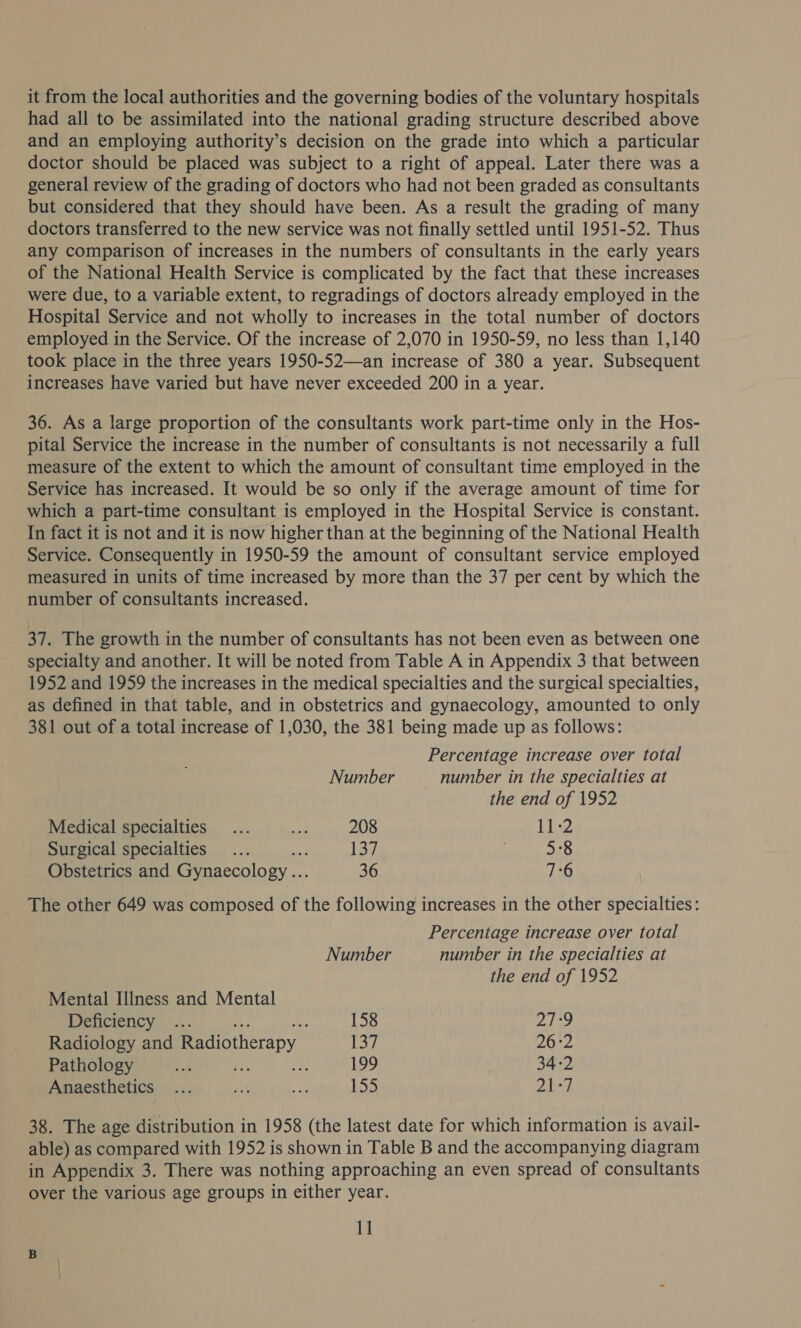 it from the local authorities and the governing bodies of the voluntary hospitals had all to be assimilated into the national grading structure described above and an employing authority’s decision on the grade into which a particular doctor should be placed was subject to a right of appeal. Later there was a general review of the grading of doctors who had not been graded as consultants but considered that they should have been. As a result the grading of many doctors transferred to the new service was not finally settled until 1951-52. Thus any comparison of increases in the numbers of consultants in the early years of the National Health Service is complicated by the fact that these increases were due, to a variable extent, to regradings of doctors already employed in the Hospital Service and not wholly to increases in the total number of doctors employed in the Service. Of the increase of 2,070 in 1950-59, no less than 1,140 took place in the three years 1950-52—an increase of 380 a year. Subsequent increases have varied but have never exceeded 200 in a year. 36. As a large proportion of the consultants work part-time only in the Hos- pital Service the increase in the number of consultants is not necessarily a full measure of the extent to which the amount of consultant time employed in the Service has increased. It would be so only if the average amount of time for which a part-time consultant is employed in the Hospital Service is constant. In fact it is not and it is now higher than at the beginning of the National Health Service. Consequently in 1950-59 the amount of consultant service employed measured in units of time increased by more than the 37 per cent by which the number of consultants increased. 37. The growth in the number of consultants has not been even as between one specialty and another. It will be noted from Table A in Appendix 3 that between 1952 and 1959 the increases in the medical specialties and the surgical specialties, as defined in that table, and in obstetrics and gynaecology, amounted to only 381 out of a total increase of 1,030, the 381 being made up as follows: Percentage increase over total Number number in the specialties at the end of 1952 Medical specialties... ie 208 Liv Surgical specialties... ia Ly, | 5:8 Obstetrics and Gynaecology ... 36 ri The other 649 was composed of the following increases in the other specialties: Percentage increase over total Number number in the specialties at the end of 1952 Mental Illness and Mental Deficiency ... a 158 27-9 Radiology and Radiotherapy 137 PXTH) Pathology a ie ey 199 34-2 Anaesthetics ... sit Ge 155 Dh 38. The age distribution in 1958 (the latest date for which information is avail- able) as compared with 1952 is shown in Table B and the accompanying diagram in Appendix 3. There was nothing approaching an even spread of consultants over the various age groups in either year. 1]
