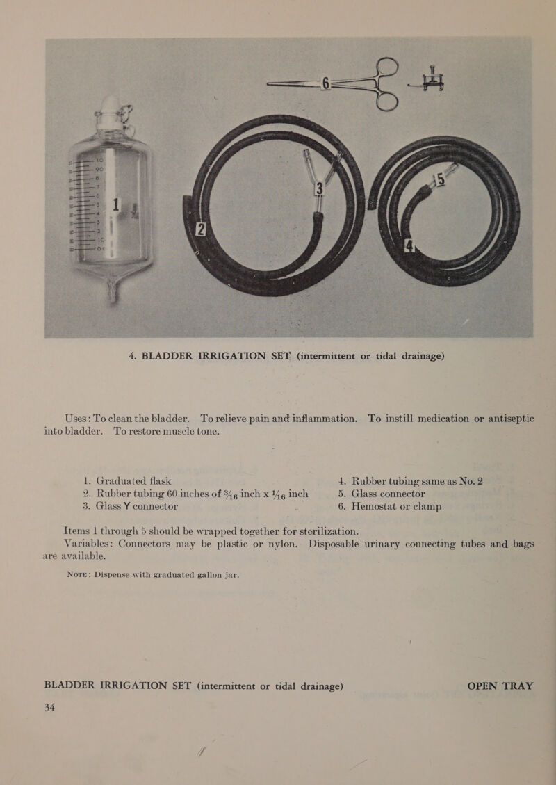  Uses: To clean the bladder. To relieve pain and inflammation. To instill medication or antiseptic into bladder. To restore muscle tone. 1. Graduated flask 4. Rubber tubing same as No. 2 2. Rubber tubing 60 inches of 346 inch x 4g inch 5. Glass connector 3. Glass Y connector 6. Hemostat or clamp Items 1 through 5 should be wrapped together for sterilization. Variables: Connectors may be plastic or nylon. Disposable urinary connecting tubes and bags are available. Nore: Dispense with graduated gallon jar. BLADDER IRRIGATION SET (intermittent or tidal drainage) _ OPEN TRAY