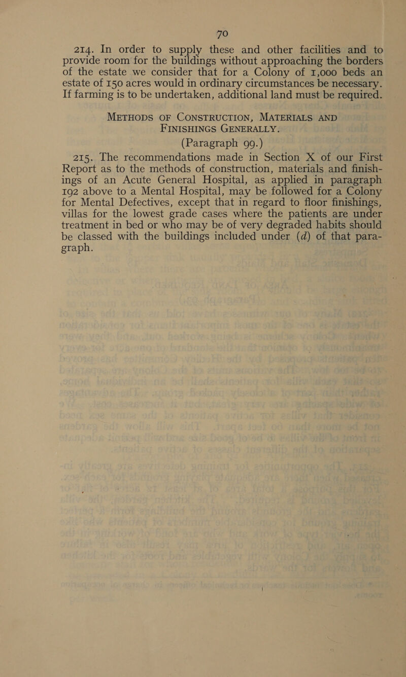 214. In order to supply these and other facilities and to provide room for the buildings without approaching the borders of the estate we consider that for a Colony of 1,000 beds an estate of 150 acres would in ordinary circumstances be necessary. If farming is to be undertaken, additional land must be required. METHODS OF CONSTRUCTION, MATERIALS AND FINISHINGS GENERALLY. (Paragraph 99.) 215. The recommendations made in Section X of our First Report as to the methods of construction, materials and finish- ings of an Acute General Hospital, as applied in paragraph 192 above to a Mental Hospital, may be followed for a Colony for Mental Defectives, except that in regard to floor finishings, villas for the lowest grade cases where the patients are under treatment in bed or who may be of very degraded habits should be classed with the buildings included under (d) of that para- graph.