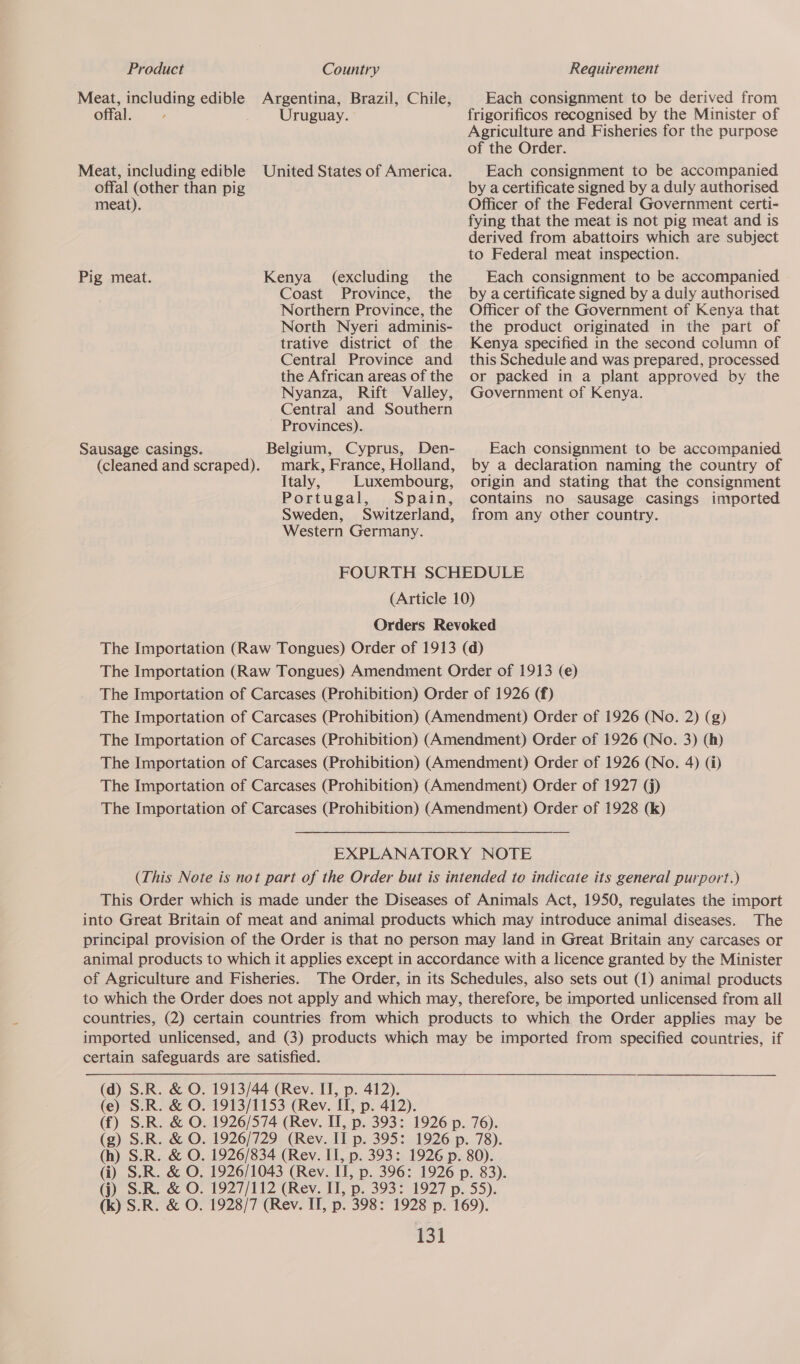 Meat, including edible offal. ’ Meat, including edible offal (other than pig meat). Pig meat. Sausage casings. Pareena: Brazil, Chile, Uruguay. United States of America. Kenya (excluding the Coast Province, the Northern Province, the North Nyeri adminis- trative district of the Central Province and the African areas of the Nyanza, Rift Valley, Central and Southern - Provinces). Belgium, Cyprus, Den- mark, France, Holland, Italy, Luxembourg, Portugal, Spain, Sweden, Switzerland, Western Germany. Each consignment to be derived from frigorificos recognised by the Minister of Agriculture and Fisheries for the purpose of the Order. Each consignment to be accompanied by a certificate signed by a duly authorised Officer of the Federal Government certi- fying that the meat is not pig meat and is derived from abattoirs which are subject to Federal meat inspection. Each consignment to be accompanied by acertificate signed by a duly authorised Officer of the Government of Kenya that the product originated in the part of Kenya specified in the second column of this Schedule and was prepared, processed or packed in a plant approved by the Government of Kenya. Each consignment to be accompanied by a declaration naming the country of origin and stating that the consignment contains no sausage casings imported from any other country. The p. 412).