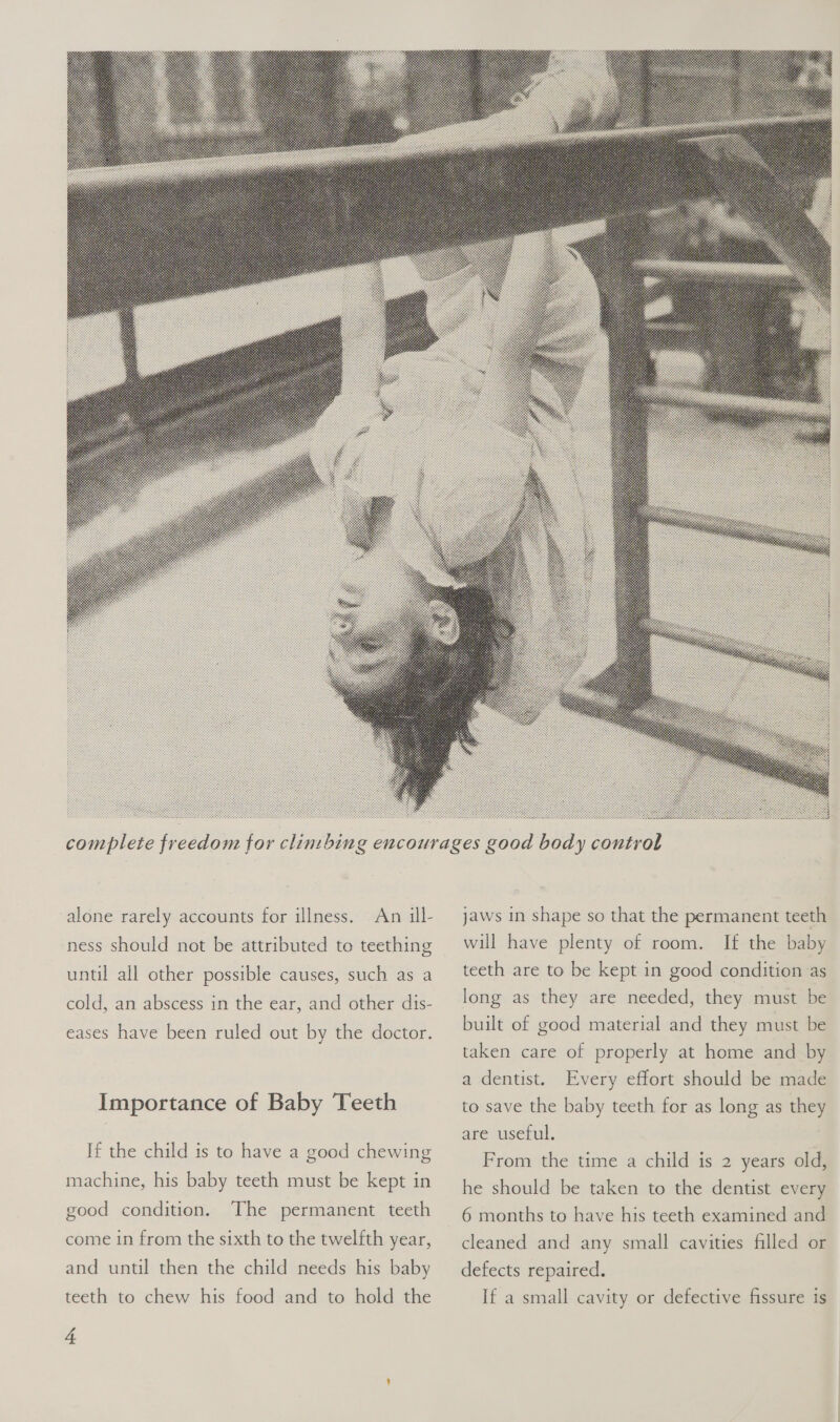  An ill- ness should not be attributed to teething alone rarely accounts for illness. until all other possible causes, such as a cold, an abscess in the ear, and other dis- eases have been ruled out by the doctor. Importance of Baby Teeth If the child is to have a good chewing machine, his baby teeth must be kept in good condition. ‘The permanent teeth come in from the sixth to the twelfth year, and until then the child needs his baby teeth to chew his food and to hold the 4 jaws in shape so that the permanent teeth If the baby teeth are to be kept in good condition as will have plenty of room. long as they are needed, they must be built of good material and they must be taken care of properly at home and by Every effort should be made to save the baby teeth for as long as they a dentist. are useful, From the time a child is 2 years old, he should be taken to the dentist every 6 months to have his teeth examined and cleaned and any small cavities filled or defects repaired. If a small cavity or defective fissure is