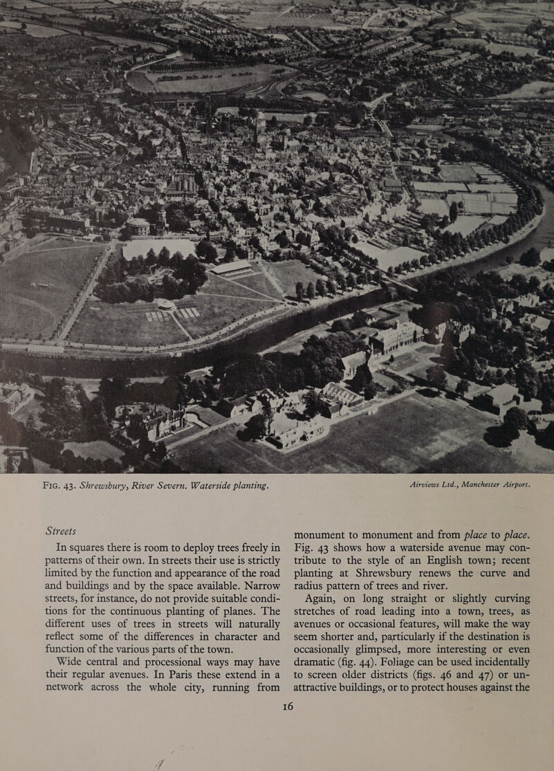 Streets In squares there is room to deploy trees freely in patterns of their own. In streets their use is strictly limited by the function and appearance of the road and buildings and by the space available. Narrow streets, for instance, do not provide suitable condi- tions for the continuous planting of planes. The different uses of trees in streets will naturally reflect some of the differences in character and function of the various parts of the town. Wide central and processional ways may have their regular avenues. In Paris these extend in a network across the whole city, running from 16  monument to monument and from place to place. Fig. 43 shows how a waterside avenue may con- tribute to the style of an English town; recent planting at Shrewsbury renews the curve and radius pattern of trees and river. Again, on long straight or slightly curving stretches of road leading into a town, trees, as avenues or occasional features, will make the way seem shorter and, particularly if the destination is occasionally glimpsed, more interesting or even dramatic (fig. 44). Foliage can be used incidentally to screen older districts (figs. 46 and 47) or un- attractive buildings, or to protect houses against the