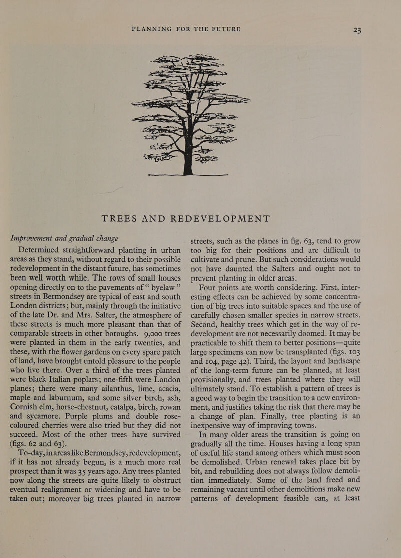     &lt;p) ~ ~ Soe ~— nae      =— Nien &gt; 4 ms , re See —_—“= SS “xn Sta. — Py tun - 1 med  _,     As Sra DBE Improvement and gradual change Determined straightforward planting in urban areas as they stand, without regard to their possible redevelopment in the distant future, has sometimes been well worth while. The rows of small houses opening directly on to the pavements of “‘ byelaw ” streets in Bermondsey are typical of east and south London districts; but, mainly through the initiative of the late Dr. and Mrs. Salter, the atmosphere of these streets is much more pleasant than that of comparable streets in other boroughs. 9,000 trees were planted in them in the early twenties, and these, with the flower gardens on every spare patch of land, have brought untold pleasure to the people who live there. Over a third of the trees planted were black Italian poplars; one-fifth were London planes; there were many ailanthus, lime, acacia, maple and laburnum, and some silver birch, ash, Cornish elm, horse-chestnut, catalpa, birch, rowan and sycamore. Purple plums and double rose- coloured cherries were also tried but they did not succeed. Most of the other trees. have survived (figs. 62 and 63). To-day, in areas like Bermondsey, redevelopment, if it has not already begun, is a much more real prospect than it was 35 years ago. Any trees planted now along the streets are quite likely to obstruct eventual realignment or widening and have to be taken out; moreover big trees planted in narrow streets, such as the planes in fig. 63, tend to grow too big for their positions and are difficult to cultivate and prune. But such considerations would not have daunted the Salters and ought not to prevent planting in older areas. Four points are worth considering. First, inter- esting effects can be achieved by some concentra- tion of big trees into suitable spaces and the use of carefully chosen smaller species in narrow streets. Second, healthy trees which get in the way of re- development are not necessarily doomed. It may be practicable to shift them to better positions—quite large specimens can now be transplanted (figs. 103 and 104, page 42). Third, the layout and landscape of the long-term future can be planned, at least provisionally, and trees planted where they will ultimately stand. To establish a pattern of trees is a good way to begin the transition to a new environ- ment, and justifies taking the risk that there may be a change of plan. Finally, tree planting is an inexpensive way of improving towns. In many older areas the transition is going on gradually all the time. Houses having a long span of useful life stand among others which must soon be demolished. Urban renewal takes place bit by bit, and rebuilding does not always follow demoli- tion immediately. Some of the land freed and remaining vacant until other demolitions make new patterns of development feasible can, at least