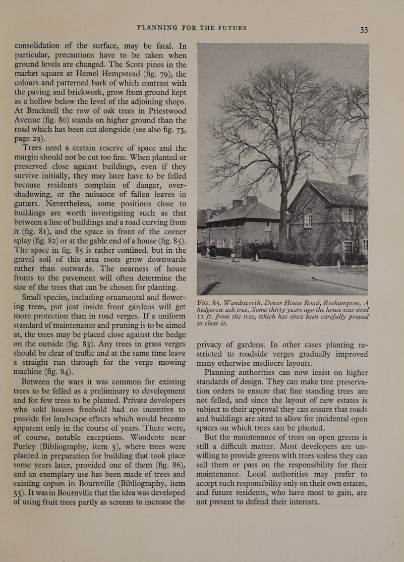 consolidation of the surface, may be fatal. In particular, precautions have to be taken when ground levels are changed. The Scots pines in the market square at Hemel Hempstead (fig. 79), the colours and patterned bark of which contrast with the paving and brickwork, grow from ground kept as a hollow below the level of the adjoining shops. At Bracknell the row of oak trees in Priestwood Avenue (fig. 80) stands on higher ground than the road which has been cut alongside (see also fig. 73, page 29). Trees need a certain reserve of space and the margin should not be cut too fine. When planted or preserved close against buildings, even if they survive initially, they may later have to be felled because residents complain of danger, over- shadowing, or the nuisance of fallen leaves in gutters. Nevertheless, some positions close to buildings are worth investigating such as that between a line of buildings and a road curving from it (fig. 81), and the space in front of the corner splay (fig. 82) or at the gable end of a house (fig. 85). The space in fig. 85 is rather confined, but in the gravel soil of this area roots grow downwards rather than outwards. The nearness of house fronts to the pavement will often determine the size of the trees that can be chosen for planting. Small species, including ornamental and flower- ing trees, put just inside front gardens will get more protection than in road verges. If a uniform standard of maintenance and pruning is to be aimed at, the trees may be placed close against the hedge on the outside (fig. 83). Any trees in grass verges should be clear of traffic and at the same time leave a straight run through for the verge mowing machine (fig. 84). Between the wars it was common for existing trees to be felled as a preliminary to development and for few trees to be planted. Private developers who sold houses freehold had no incentive to provide for landscape effects which would become apparent only in the course of years. There were, of course, notable exceptions. Woodcote near Purley (Bibliography, item 3), where trees were planted in preparation for building that took place some years later, provided one of them (fig. 86), and an exemplary use has been made of trees and existing copses in Bournville (Bibliography, item 33). It wasin Bournville that the idea was developed of using fruit trees partly as screens to increase the  privacy of gardens. In other cases planting re- stricted to roadside verges gradually improved many otherwise mediocre layouts. Planning authorities can now insist on higher standards of design. They can make tree preserva- tion orders to ensure that fine standing trees are not felled, and since the layout of new estates is subject to their approval they can ensure that roads and buildings are sited to allow for incidental open spaces on which trees can be planted. But the maintenance of trees on open greens is still a difficult matter. Most developers are un- willing to provide greens with trees unless they can sell them or pass on the responsibility for their maintenance. Local authorities may prefer to accept such responsibility only on their own estates, and future residents, who have most to gain, are not present to defend their interests.