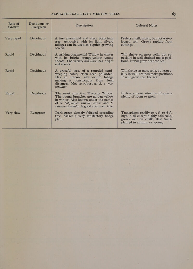 Growth Very rapid Rapid Rapid. Rapid Very slow   Evergreen Description  Deciduous Deciduous Deciduous Deciduous Evergreen  A fine pyramidal and erect branching tree. Attractive with its light silvery foliage; can be used as a quick growing screen. A striking ornamental Willow in winter with its bright orange-yellow young shoots. The variety britzensis has bright red shoots. A graceful tree, of a rounded semi- weeping habit; often seen pollarded. Has an intense silver-white foliage making it conspicuous from long distances. Not so robust as S. a. var. vitellina. The most attractive Weeping Willow. The young branches are golden-yellow in winter. Also known under the names of S. babylonica ramulis aureis and S. vitellina pendula. A good specimen tree. Dark green densely foliaged spreading tree. Makes a very satisfactory hedge plant.  65 Cultural Notes Prefers a stiff, moist, but not water- logged soil. Grows rapidly from cuttings. Will thrive on most soils, but es- pecially in well-drained moist posi- tions. It will grow near the sea. Will thrive on most soils, but espec- ially in well-drained moist positions. It will grow near the sea. Prefers a moist situation. Requires plenty of room to grow. Transplants readily to 5 ft.to 6 ft. high in all except highly acid soils; grows well on chalk. Best trans- planted in autumn or spring.