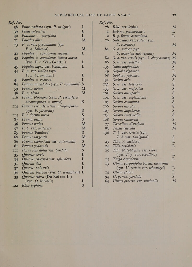 45 44 4I 84 59 116 Pinus radiata (syn. P. insignis) Pinus sylvestris Platanus &lt; acerifolia Populus alba P. a. var. pyramidaks (syn. P. a. bolleana) Populus &lt; canadensis eugenet Populus &lt; canadensis forma aurea (syn. P. c. “Van Geertii’) Populus nigra var. betulifolia P. n. var. ttalica (syn. P.n. pyramidalis) Populus &lt; robusta Prunus amygdalus (syn. P. communis) Prunus avium P. a. plena Prunus blireiana (syn. P. cerastfera atropurpurea &lt; mume) Prunus cerasifera var. atropurpurea (syn. P. pissardit) P. c. forma nigra Prunus tncisa Prunus padus P. p. var. waterert Prunus ‘Pandora’ Prunus sargentit Prunus subhirtella var. autumnalts Prunus yedoensis eect eevee” atlas hen | oe Ped lee Ne NY Quercus cerris Quercus coccinea var. splendens Quercus tlex Quercus palustris Quercus petraea (syn. Q. sessiliflora) Quercus rubra (Du Roi not L.) (syn. Q. borealis) Rhus typhina OF PRP Pr nenenezznnwn Ref. No. 78 I 2 79 8I 82 80 135 49 68 Heat 132 133 103 104 105 106 107 134 108 Te, 83 136 23 24 25 15 13 14 64 Rhus verniciflua Robinia pseudoacacia R. p. forma bessoniana Salix alba var. calva (syn. S. coerulea) S. a. sericea (syn. S. argentea and regalis) S. a. var. tristis (syn. S. chrysocoma) S. a. var. vitellina Salix daphnoides Sequoia gigantea Sophora japonica Sorbus aria S. a. var. lutescens S. a. var. majestica Sorbus aucuparia S. a. var. asplenifolia Sorbus commixta Sorbus discolor Sorbus hupehensis Sorbus intermedia Sorbus vilmorint Taxodium distichum Taxus baccata T. b. var. stricta (syn. T. b. var. fastigiata) Tilia &lt; euchlora Tilia petiolaris Tiha platyphyllos var. rubra (syn. T. p. var. corallina) Tsuga canadensis Ulmus carpimfolia forma sarniensis (syn. U. stricta var. wheatleyt) Ulmus glabra U. g. var. pendula Ulmus procera var. viminalis — ~ FateWeMect degen lel eultee