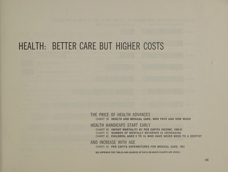HEALTH: BETTER CARE BUT HIGHER COSTS THE PRICE OF HEALTH ADVANCES CHART 39 HEALTH AND MEDICAL CARE: WHO PAYS AND HOW MUCH HEALTH HANDICAPS START EARLY CHART 40 INFANT MORTALITY BY PER CAPITA INCOME, 1960-61 CHART 41 NUMBER OF MENTALLY RETARDED IS INCREASING CHART 42 CHILDREN, AGED 5 TO 14, WHO HAVE NEVER BEEN TO A DENTIST AND INCREASE WITH AGE CHART 43 PER CAPITA EXPENDITURES FOR MEDICAL CARE, 1961 SEE APPENDIX FOR TABLES AND SOURCES OF DATA ON WHICH CHARTS ARE BASED.