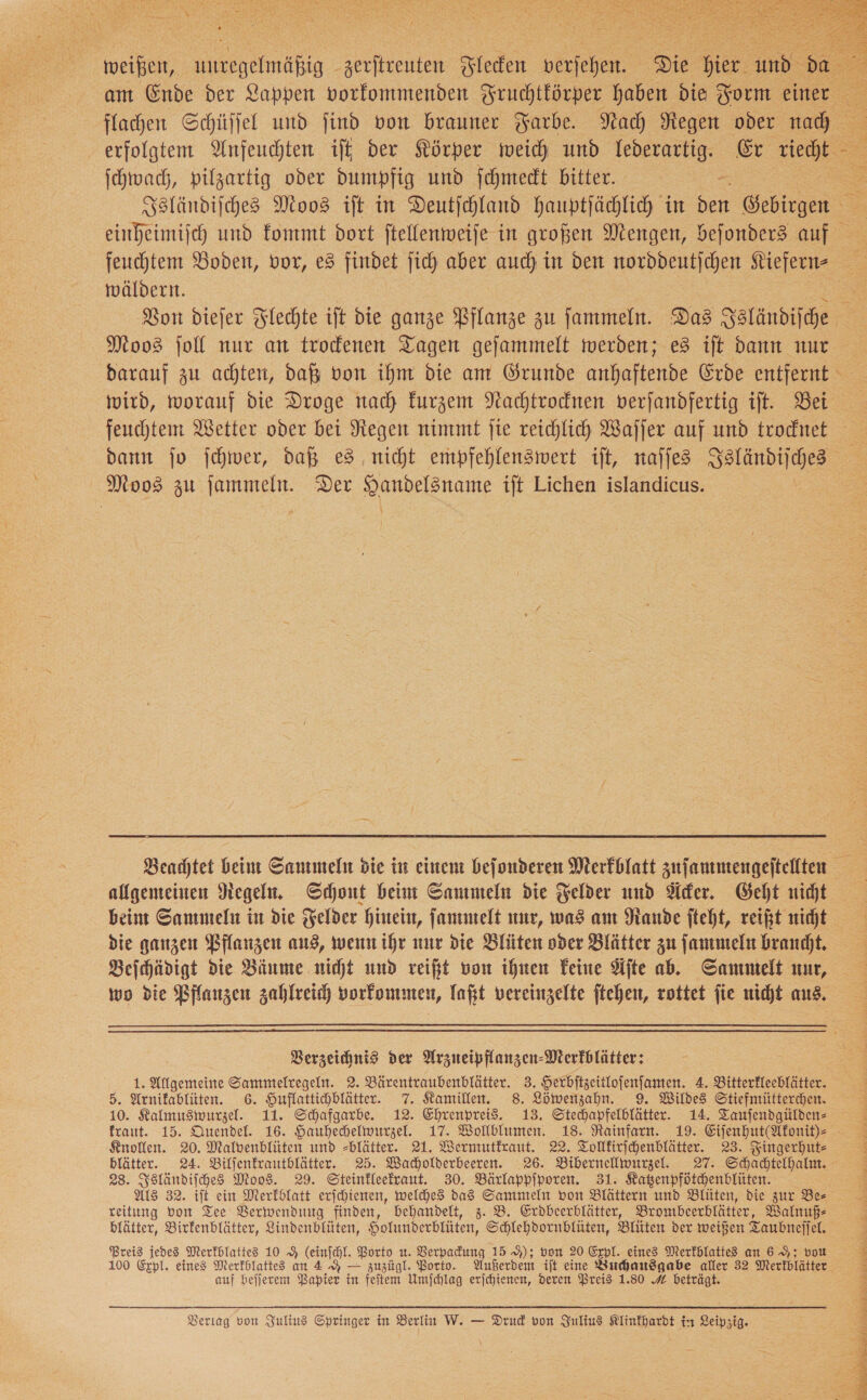 ſchwach, pilgartig oder dumpfig und ſchmeckt bitter.   feuchtem Boden, vor, e3 findet jich aber auch in Den norddeutjchen Kiefern wäldern. Moos ſoll nur an trodenen Tagen gefammelt werden; e3 ift dann nur wird, worauf die Droge nach kurzem Nachtrodnen verfandfertig ift. Bei feuchtem Wetter oder bei Negen nimmt jie reichlich Waller auf und trocknet Moos zu jammeln. Der Handelsname ift Lichen islandicus. allgemeinen Kegeln, Schont beim Sammeln die Felder und der. Geht nicht beim Sammeln in die Felder hinein, ſammelt nur, was am Nande fteht, reift nicht die ganzen Pflanzen aus, wenn ihr nur die Blüten oder Blätter zu ſammeln braucht. Beichädigt die Bäume nicht und reißt von ihnen Feine Aſte ab. Sammelt nur, wo die Pflanzen zahlreich vorkommen, laßt vereinzelte ftehen, zottet fie nicht aus.   Verzeichnis der Arzueipflanzen-Merkblätter: 1. Allgemeine Sammtelregelt. 2. Bärentraubenblätter. 3. Herbftgeitlofenjamen. 4. Bitterfleeblätter. 5. Arnifablüten. 6. Huflattichblätter. 7. Kamillen. 8. Löwenzahn. Wildes Stiefmütterchen. 10. Kalmuswurzel. 11. Schafgarbe. 12. Ehrenpreis. 13. re Sanfeinfätter. 14. Taufendgülden- Knollen. 20. Malvenblüten und -»blätter. 21. Wermutkraut. 22. Tollkirſchenblätter. 23. Fingerhut- 283. Isländiſches Moos. 29. Steinkleekraut. 30. Bärlappſporen. 31. Katzenpfötchenblüten. Als 32. iſt ein Merkblatt erſchienen, welches das Sammeln von Blättern und Blüten, die zur Be— reitung von Tee Verwenduug finden, behandelt, 3. B. Erdbeerblätter, Brombeerblätter, Walnuß⸗ blätter, Birkenblätter, Lindenblüten, Holumderblüten, Schlehdornblüten, Blüten der weißen T Zaubnejjel. Preis jedes Merkhlattes 10 9 (einſchl. Porto u. Verpackung 15 9); von 20 Expl. eines Merkblattes an 6 9; vou auf bejjerem Papier in feftem Umfchlag erſchienen, deren Preis 1.80 M beträgt. Beriag von Julius Springer in Berlin W. — Drud von Julius Klinfhardt in Leipzig. N — Br re rn te en ng \ Hr I a an lg re > ed a rk a nd an,