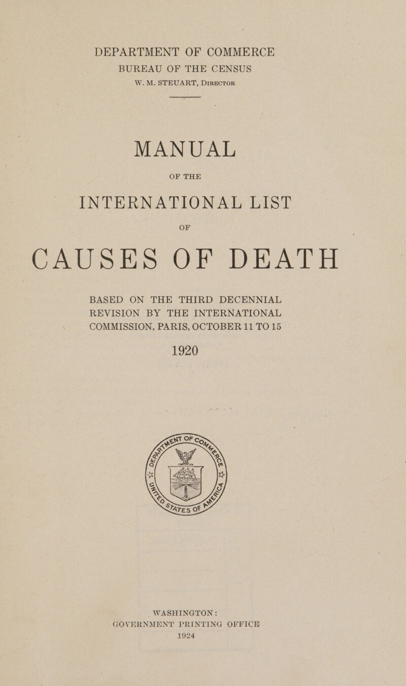 DEPARTMENT OF COMMERCE BUREAU OF THE CENSUS W.M. STEUART, DIRECTOR  MANUAL OF THE INTERNATIONAL LIST OF CAUSES OF DEATH  WASHINGTON: GOVERNMENT PRINTING OFFICE 1924