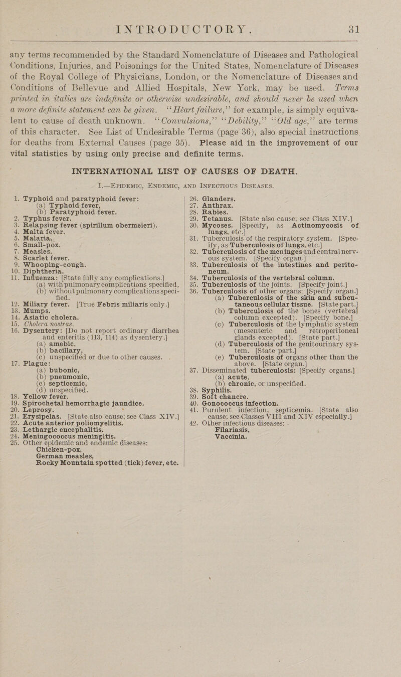    any terms recommended by the Standard Nomenclature of Diseases and Pathological Conditions, Injuries, and Poisonings for the United States, Nomenclature of Diseases of the Royal College of Physicians, London, or the Nomenclature of Diseases and Conditions of Bellevue and Allied Hospitals, New York, may be used. Terms printed in italics are indefinite or otherwise undesirable, and should never be used when a more definite statement can be given. ‘‘ Heart failure,’’ for example, is simply equiva- lent to cause of death unknown. ‘‘Convulsions,’’ ‘‘Debility,’’ ‘‘Old age,’’ are terms of this character. See List of Undesirable Terms (page 36), also special instructions for deaths from External Causes (page 35). Please aid in the improvement of our vital statistics by using only precise and definite terms. INTERNATIONAL LIST OF CAUSES OF DEATH. J.—EPIDEMIC, ENDEMIC, AND INFECTIOUS DISEASES. 1. Typhoid and paratyphoid fever: 26. Glanders. (a) Typhoid fever, 27. Anthrax. (b) Paratyphoid fever. 28. Rabies. 2. Typhus fever. 29. Tetanus. [State also cause; see Class XIV.] 3. Relapsing fever (spirillum obermeieri). 30. Mycoses. [Specify, as Actinomycosis of 4. Malta fever. lungs, etc.] 5. Malaria. 31. Tuberculosis of the respiratory system. [Spec- 6. Small-pox. ify,as Tuberculosis of lungs, etc.] 7. Measles. 32. Tuberculosis of the meninges and central nerv- 8. Scarlet fever. ous system. [Specify organ.] 9. Whooping-cough. 33. Tuberculosis of the intestines and perito- 10. Diphtheria. neum. 11. Influenza: [State fully any complications.] 34. Tuberculosis of the vertebral column. ~ (a) with pulmonary complications specified, | 35. Tuberculosis of the joints. [Specify joint.]} (b) without pulmonary complications speci- | 36. Tuberculosis of other organs: [Specify organ.] ed. (a) Tuberculosis of the skin and subcu- 12. Miliary fever. [True Febris miliaris only.] taneous cellular tissue. [State part.] 13. Mumps. (b) Tuberculosis of the bones (vertebral 14. Asiatic cholera. column excepted). [Specify bone.] 15. Cholera nostras. (c) Tuberculosis of the lymphatic system 16. Dysentery: [Do not report ordinary diarrhea (mesenteric and __ retroperitoneal and enteritis (113, 114) as dysentery.} glands excepted). [State part.] (a) amebic, (d) Tuberculosis of the genitourinary sys- (b) bacillary, tem. [State part.] (c) unspecified or due to other causes. | (e) Tuberculosis of organs other than the ij riage: above. [State organ.] (a) bubonic, 37. Disseminated tuberculosis: [Specify organs.] (b) pneumonic, (a) acute, (c) septicemic, | (b) chronic, or unspecified. (d) unspecified. 38. Syphilis. 18. Yellow fever. 39. Soft chancre. 19. Spirochetal hemorrhagic jaundice. 40. Gonococcus infection. 20. Leprosy. 41. Purulent infection, septicemia. [State also 21. Erysipelas. [State also cause; see Class XIV.] cause; see Classes VI ang XIV especially .] 22. Acute anterior poliomyelitis. 42. Other infectious diseases: 23. Lethargic encephalitis. Filariasis, 24. Meningococcus meningitis. Vaccinia. 25. Other epidemic and endemic diseases: Chicken-pox, German measles,  Rocky Mountain spotted (tick) fever, etc.