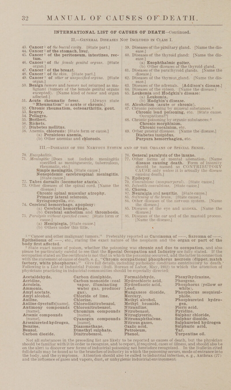Cancer ! of the stomach, liver. um. Cancer! of the female genital organs. [State organ.] Benign ¢wmors and twmors not returned as ma- excepted). [Name kind of twmor and organ affected.| [Always state ‘‘Rheumatism” as acute or chronic.| (a) Pernicious anemia, (b) Other anemias and chlorosis. Encephalitis. Meningitis: [Does not include meningitis specified as meningococcic, tuberculous, rheumatic, etc.] Simple meningitis, [State cause.]   ease.] ease. | (a) Exophthalmic goiter, Dicer of the thymus. gland. - e@ase.] Diseases of the adrenals. [Addison’s disease.] Leukemia and Hodgkin’s disease: (a) Leukemia, : (b) Hodgkin’s disease. Alcoholism (acute or chronic). Chronic poisoning by mineral suibstances. 2 Chronic lead poise ae) etc. [State cause. Occupationa!?] Chronic poisoning by organic substances: 2 Chronic morphinism, Chronic cocainism, etc. : Other genéral diseases. [Name the disease.] Diabetes insipidus, Purpura hemorrhagica, etc. General paralysis of the insane. Other forms of mental alienation. [Name disease causing death. Form of insanity Should be named as CONTRIBUTORY CAUSE only unless it is actually the disease causing death.] [State cause.] 78. Epilepsy. . Tabes dorsalis (locomotor ataxia). 79. Convulsions (nonpuerperal). [State cause.] . Other diseases of the spinal cord. [Name the 80. Infantile convulsions. [State cause.] disease. ] 81. Se : Chronic spinal muscular atrophy, 82. Neuralgia and neuritis. [State cause.] Primary lateral sclerosis, 83. Softening of the brain. [State cause.] Syringomyelia,.etc. 84. Other diseases of the nervous system. [Name . Cerebral hemorrhage, apoplexy: the disease.] (a) Cerebral hemorrhage, 85. Diseases of the eye and annexa. [Name the (b) Cerebral embolism and thrombosis. | disease. ] cause. | [Name the disease. ] (a) Hemiplegia, [State cause.] (b) Others under this title. &gt; ’ 1 “Cancer and other malignant tumors.’ Preferably reported as Carcinoma of ——, Sarcoma of ——, ° State exact name of poison, whether the poisoning was chronic and due to occupation, and also please be particularly careful to see that the Special Occupation and Industry are fully stated. If the occupation stated on the certificate is not that in which the poisoning occurred, add the latter in connection with the statement of cause of death, e. g., “Chronic occupational phosphorus necrosis (dipper, match factory, white phosphorus).”’ Give full details, including pathologic conditions contributory to death.’ Following is a List of Industrial Poisons (Bull. Bureau of Labor, May, 1912) to which the attention of physicians practicing in industrial communities should be especially directed: Acetaldehyde, Carbon disulphide, Formaldehyde, Phenylhydrazine, Acridine, Carbon monoxide (coal Hydrochloric acid, Phosgene, Acrolein, vapor, illuminating Hydrofluoric acid, Phosphorus (yellow or Ammonia, water gas, producer Lead, white), Amyl acetate, gas), Manganese dioxide, Phosphorus sesquisul- Amyl alcohol, Chloride of lime, Mercury, phide, Aniline, Chlorine, Methyl alcohol, Phosphureted hydro- Aniline dyestuffs[name], Chlorodinitrobenzol, Methyl bromide, gen, Antimony compounds Chloronitrobenzol, Nitraniline, Picric acid, [name], Chromium compounds WNitrobenzol, Pyridine, Arsenic compounds [name], Nitroglycerin, Sulphur chloride, {name}, Cyanogen compounds Nitronaphthalene, Sulphur dioxide, Arseniureted ah hig [name], Nitrous gases, Sulphureted hydrogen Benzine, Diazomethane, Oxalic acid, Sulphuric acid, Benzol, Dimethy!] sulphate, Petroleum, Tair, Carbon dioxide, Dinitrobenzol, ° Phenol, Turpentine oil. Not all substances in the preceding list are likely to be reported as causes of death, but the physician should be familiar with it in order to recognize, and to report, if required, cases of illness, and should also be on the alert to discover new forms of industrial poisoning not heretofore recognized. Tn the Bulletin cited full details may be found as to the branches of industry in which the poisoning occurs, mode of entrance into the body, and the symptoms. Attention should also be called to industrial infection, e. g., Anthrax (27) and the influence of gases and vapors, dust, or unhygienic industrial environment.