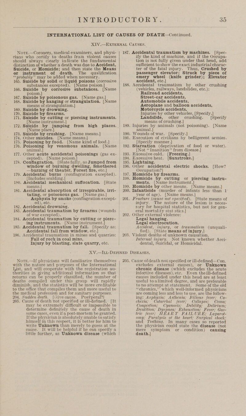  INTERNATIONAL LIST OF CAUSES OF DEATH—Continued. XIV.—EXTERNAL CAUSES. Nore.—Coroners, medical examiners, and physi- | 187. Accidental traumatism by machines. [Spec- 165 [Name poison.] substances excepted). [Name Suicide by corrosive substances. poison.]} ; Suicide by poisonous gas. [Name gas.] Suicide by hanging or strangulation. [Name means of strangulation.] Suicide by drowning. Suicide by cutting or piercing instruments. [Name instrument.] [Name place.] Suicide by crushing. [Name means.] Other suicides. [Name means.] Poisoning by food. [Name kind of food.] Poisoning by venomous animals. [Name animal.] Other acute accidental poisonings (gas ex- cepted). [Name poison.] Conflagration. [State fully, as Jumped from window of burning dwelling, Smothered —pburning of theater, Forest fire, etc.] [Includes scalding.] [State means.]| tating, or poisonous gas. [Name gas.] Asphyxia by smoke (conflagration except- . _ ed), ete. % Accidental drowning. Accidental traumatism by firearms (wounds of war excepted). A Accidental traumatism by cutting or pierc- ing instruments. [Name instrument.] Accidental traumatism by fall. [Specify as: Accidental fall from window, etc.| Accidental traumatism in mines and quarries: Fall of rock in coal mine, Injury by blasting, slate quarry, etc.  ify the kind of machine, and if the Occupa- tion is not fully given under that head, add sufficient to show the exact industrial charac- ter of the fatal injury. Thus, Crushed by passenger elevator; Struck by piece of emery wheel (knife grinder); Elevator accident, etc.] Accidental traumatism by other crushing (vehicles, railways, landslides, etc.): Railroad accidents, Street-car accidents, Automobile accidents, Aeroplane and balloon accidents, Motorcycle accidents, Injuries by other vehicles, [Specify.] Landslide, other crushing. [Specify means of crushing.] Injuries by animals (not poisoning). [Name animal.) Wounds of war. [Specify.] Execution of civilians by belligerent armies. [Specify manner.] . Starvation (deprivation of food or water). [Not ‘‘Inanition”’ from disease.] Excessive cold. [Freezing.] Excessive heat. [Sunustroke.] Lightning. Other accidental electric shocks. [How? Occupation?] Homicide by firearms. Homicide by cutting or piercing instru- ments. [Name instrument.] Homicide by other means. [Name means.] Infanticide Gnurder of infants less than 1° year of age). [Name means.] Fracture (cause not specified). [State means of injury. The nature of the lesion is neces- sary for hospital statistics, but not for gen- eral mortality stat stics.] Other external violence: Legal hanging. Legal electrocution. Accident, injury, or traumatism (unquali- fied). [State means of injury.] 3 Violent deaths of unknown causation. Internal injury. Not known whether Acci- dental, Suicidal, or Homicidal. [Give cause. Puerperal?| Cause of death not specified or ill-defined. [It may be extremely difficult or impossible to determine definitely the cause of death in some cases, even if a post-mortem be granted. Ifthe physician is absolutely unable to satisfy himself in this respect, it is better for him to write Unknown than merely to guess at the cause. It will be helpful if he can specify a little further, as Unknown disease (which  excludes external causes), or Unknown chronic disease (which excludes the acute infective diseases). etc. Even the ill-defined causes included under this head are at least useful to alimited degree, and are preferable to no attempt at statement. Some of the old “chronics,’’ which well-informed physicians are coming less and less to use, are the follow- ing: Asphyxia; Asthenia; Bilious fever; Ca- chexia; Catarrhal fever; Collapse; Coma; Congestion; Cyanosis; Debility; Delirium; Dentition; Dyspnea; Exhaustion; Fever; Gas- tric fever; HEART FAILURE; Laparot- omy; Paralysis of the heart; Surgical shock; and Teething. In many cases so reported the physician could state the disease (not mere symptom or condition) causing death.]