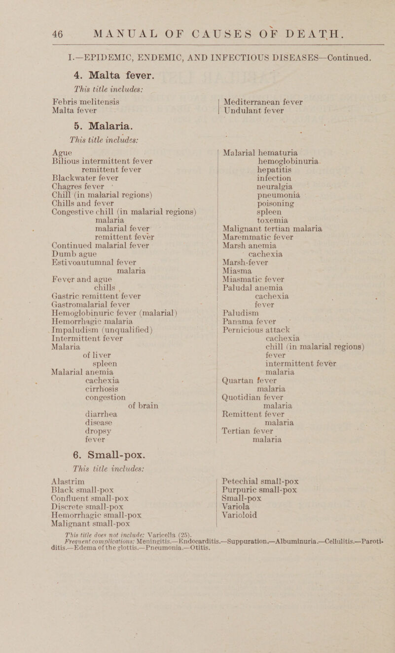   4. Malta fever. This title includes: Febris melitensis Malta fever 5. Malaria. This title includes: Ague Bilious intermittent fever remittent fever Blackwater fever Chagres fever Chill (in malarial regions) Chills and fever Congestive chill (in malarial regions) malaria malarial fever remittent fever Continued malarial fever Dumb ague Estivoautumnal fever . malaria Fever and ague chills , Gastric remittent fever Gastromalarial fever Hemoglobinuric fever (malarial) Hemorrhagic malaria Impaludism (unqualified ) Intermittent fever Malaria of liver spleen Malarial anemia cachexia cirrhosis congestion of brain diarrhea disease dropsy fever 6. Small-pox. _ This title includes: Alastrim Black small-pox Confluent small-pox Discrete small-pox Hemorrhagic small-pox Malignant small-pox This title does not include: Varicella (25).  Mediterranean fever Malarial hematuria hemoglobinuria. hepatitis infection neuralgia pneumonia ~ poisoning spleen toxemia Malignant tertian malaria Maremmatic fever Marsh anemia ' cachexia Marsh-fever Miasma Miasmatic fever Paludal anemia eachexia fever Paludism cachexia chill (in malarial regions) fever intermittent fever malaria Quartan fever malaria Quotidian fever malaria malaria Tertian fever malaria Petechial smal!-pox Purpuric small-pox Small-pox Variola Varioloid ditis—Edema of the glottis Pneumonia.— Otitis.