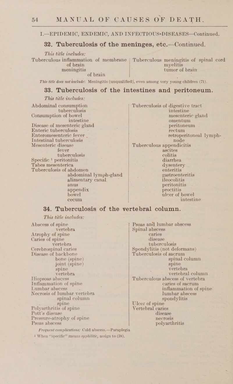 o4 This title includes: Tuberculous inflammation of membrane of brain meningitis of brain Tuberculous meningitis of spinal cord myelitis tumor of brain This title includes: Abdominal consumption tuberculosis Consumption of bowel intestine Disease of mesenteric gland Enteric tuberculosis Enteromesenteric fever _ Intestinal tuberculosis Mesenteric disease fever tuberculosis Specific | peritonitis Tabes mesenterica Tuberculosis of abdomen abdominal lymph-gland alimentary canal. 3 anus appendix bowel cecum  Tuberculosis of digestive tract. intestine mesenteric gland omentum peritoneum . rectum retroperitoneal lympbh- | node ; Tuberculous appendicitis ascites colitis diarrhea dysentery enteritis gastroenteritis ileocolitis peritonitis proctitis ulcer of bowel intestine Ths title includes: Abscess of spine vertebra Atrophy of spine Caries of spine vertebra Cerebrospinal caries Disease of backbone bone (spine) joint (spine) spine vertebra Thopsoas abscess Inflammation of spine Lumbar abscess Necrosis of lumbar vertebra spinal column spine Polyarthritis of spine Pott’s disease Pressure-atrophy of spine Psoas abscess Frequent complications: Cold abscess.— Paraplegia 1 When “specific”? means syphilitic, assign to (38). Psoas and lumbar abscess Spinal abscess caries disease tuberculosis Spondylitis (not deformans) Tuberculosis of sacrum spinal column spine vertebra vertebral column Tuberculous abscess of vertebra caries of sacrum inflammation of spine’ lumbar abscess spondylitis Ulcer of spine Vertebral caries disease necrosis polyarthritis