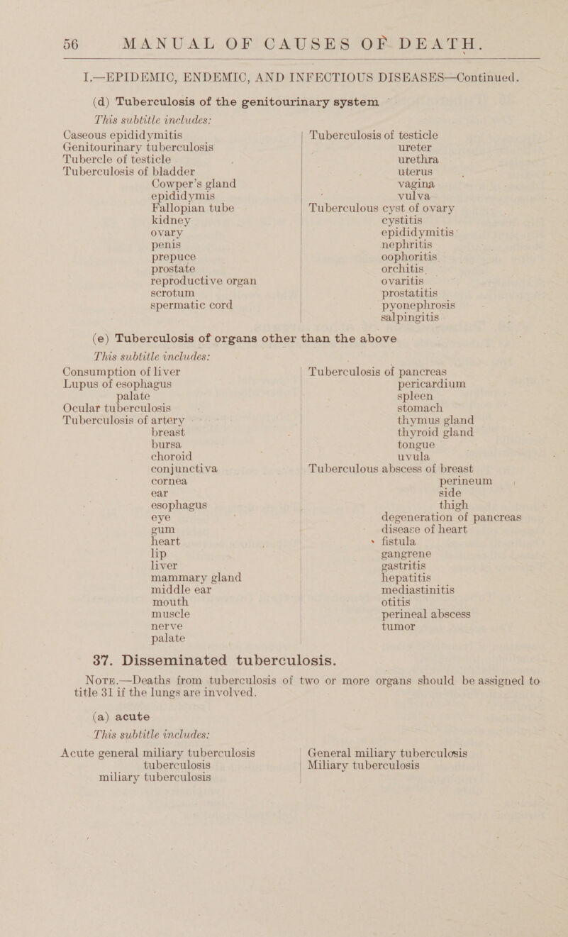 This subtitle wncludes: Caseous epididymitis Genitourinary tuberculosis Tubercle of testicle Tuberculosis of bladder Cowper’s gland epididymis Fallopian tube kidney ovary penis prepuce prostate reproductive organ scrotum spermatic cord Tuberculosis of testicle ureter urethra uterus vagina ; vulva Tuberculous cyst of ovary cystitis epididymitis- nephritis oophoritis. orchitis. ovaritis — prostatitis _ pyonephrosis salpingitis  This subtitle includes: Consumption of liver Lupus of esophagus palate Ocular tuberculosis Tuberculosis of artery - breast bursa choroid conjunctiva cornea ear esophagus eye eum heart lip liver mammary gland middle ear mouth muscle nerve palate Tuberculosis of pancreas pericardium spleen stomach thymus gland thyroid gland tongue | uvula Tuberculous abscess of breast perineum side thigh degeneration of pancreas disease of heart fistula gangrene gastritis hepatitis mediastinitis otitis perineal abscess tumor ¢  title 31 if the lungs are involved. (a) acute This subtitle includes: Acute general miliary tuberculosis tuberculosis miliary tuberculosis _ General miliary tuberculosis Miliary tuberculosis }