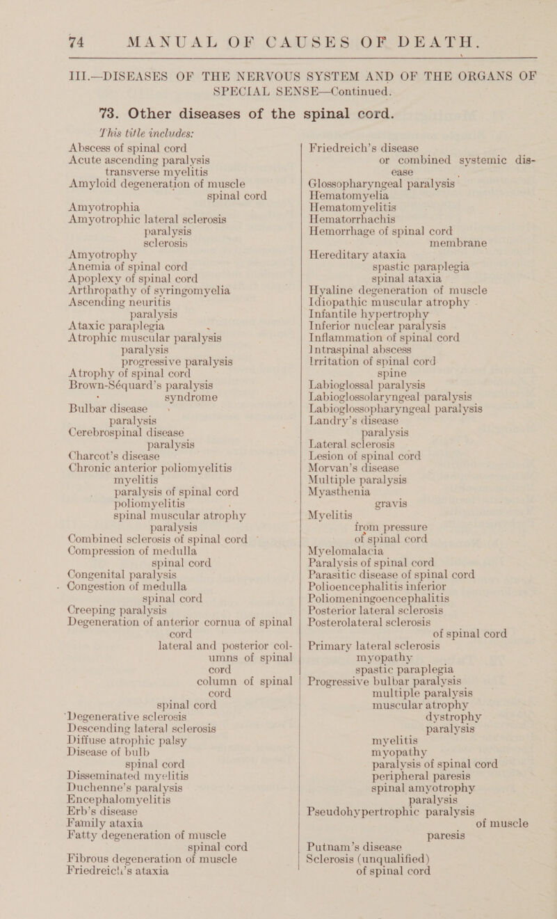 Abscess of spinal cord Acute ascending paralysis transverse myelitis Amyloid degeneration of muscle spinal cord Amyotrophia Amyotrophic lateral sclerosis paralysis sclerosis Amyotrophy Anemia of spinal cord Apoplexy of spinal cord Arthropathy of syringomyelia Ascending neuritis paralysis Ataxic paraplegia : Atrophic muscular paralysis paralysis progressive paralysis Atrophy of spinal cord Brown-Séquard’s paralysis : syndrome Bulbar disease paralysis Cerebrospinal disease paralysis | Charcot’s disease Chronic anterior poliomyelitis myelitis paralysis of spinal cord poliomyelitis ; spinal muscular atrophy paralysis Combined sclerosis of spinal cord ° Compression of medulla spinal cord Congenital paralysis - Congestion of medulla spinal cord Creeping paralysis Degeneration of anterior cornua of spinal cord lateral and posterior col- umns of spinal cord column of spinal cord spinal cord ‘Degenerative sclerosis Descending lateral sclerosis Diffuse atrophic palsy Disease of bulb spinal cord Disseminated myelitis Duchenne’s paralysis Encephalomyelitis Erb’s disease Family ataxia Fatty degeneration of muscle spinal cord Fibrous degeneration of muscle Friedreicii’s ataxia  Friedreich’s disease or combined systemic dis- ease Glossopharyngeal paralysis Hematomyelia Hematomyelitis Hematorrhachis Hemorrhage of spinal cord membrane Horodidary ataxia . spastic paraplegia spinal ataxia Hyaline degeneration of muscle Idiopathic muscular atrophy - Infantile hypertrophy Inferior nuclear paralysis Inflammation of spinal cord Intraspinal abscess Irritation of spinal cord spine Labioglossal paralysis Labioglossolaryngeal paralysis Labioglossopharyngeal paralysis Landry’s disease paralysis Lateral sclerosis _ Lesion of spinal cord Morvan’s disease Multiple paralysis Myasthenia gravis Myelitis. from pressure of spinal cord Myelomalacia Paralysis of spinal cord Parasitic disease of spinal cord Polioencephalitis inferior Poliomeningoencephalitis Posterior lateral sclerosis Posterolateral sclerosis of spinal cord Primary lateral sclerosis myopathy spastic paraplegia Progressive bulbar paralysis multiple paralysis muscular atrophy dystrophy paralysis myelitis myopathy paralysis of spinal cord peripheral paresis spinal amyotrophy paralysis Pseudohypertrophic paralysis of muscle paresis Putnam’s disease Sclerosis (unqualified ) of spinal cord