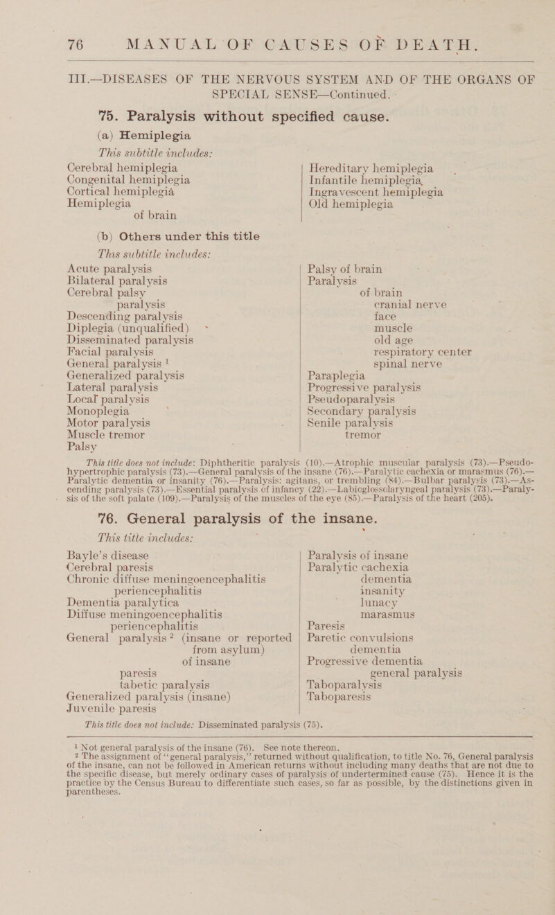  (a) Hemiplegia This subtitle includes: Cerebral hemiplegia Congenital hemiplegia Cortical hemiplegia Hemiplegia of brain (b) Others under this title Thos subtitle includes: Acute paralysis Bilateral paralysis Cerebral palsy paralysis Descending paralysis Diplegia (unqualified) - Disseminated paralysis Facial paralysis General paralysis ! Generalized paralysis Lateral paralysis Local paralysis Monoplegia Motor paralysis Muscle tremor Palsy  Hereditary hemiplegia Infantile hemiplegia, Ingravescent hemiplegia Old hemiplegia Palsy of brain Paralysis of. brain ' cranial nerve face muscle old age respiratory center spinal nerve Paraplegia Progressive paralysis Pseudoparalysis Secondary paralysis Senile paralysis tremor hypertrophic paralysis (73).—General paralysis of the insane (76).—Paralytic cachexia or marasmus (76).— Paralytic dementia or insanity (76).—Paralysis: agitans, or trembling (&amp;4).—Bulbar paralysis (73).—As- cending paralysis (73).—Essential paralysis of infancy (22).—Labioglossolaryngeal paralysis (73).—Paraly- sis of the soft palate (109).—Paralysis of the muscles of the eye (85).—Paralysis of the heart (205). 6. General paralysis of the insane. This title includes: ; Bayle’s disease Cerebral paresis Paralysis of insane Paralytic cachexia Chronic diffuse meningoencephalitis dementia periencephalitis insanity Dementia paralytica lunacy Diffuse meningoencephalitis marasmus periencephalitis Paresis General paralysis? (insane or reported | Paretic convulsions from asylum) dementia of insane Progressive dementia paresis general paralysis tabetic paralysis Taboparalysis Generalized paralysis (insane) Taboparesis  Juvenile paresis This title does not include: Disseminated paralysis (75). 1 Not general paralysis of the insane (76). See note thereon, 2 The assignment of ‘‘general paralysis,”’ returned without qualification, to title No. 76, General paralysis of the insane, can not be followed in American returns without including many deaths that are not due to the specific disease, but merely ordinary cases of paralysis of undertermined cause (75). Hence it is the edn by the Census Bureau to differentiate such cases, so far as possible, by the distinctions given in parentheses. 