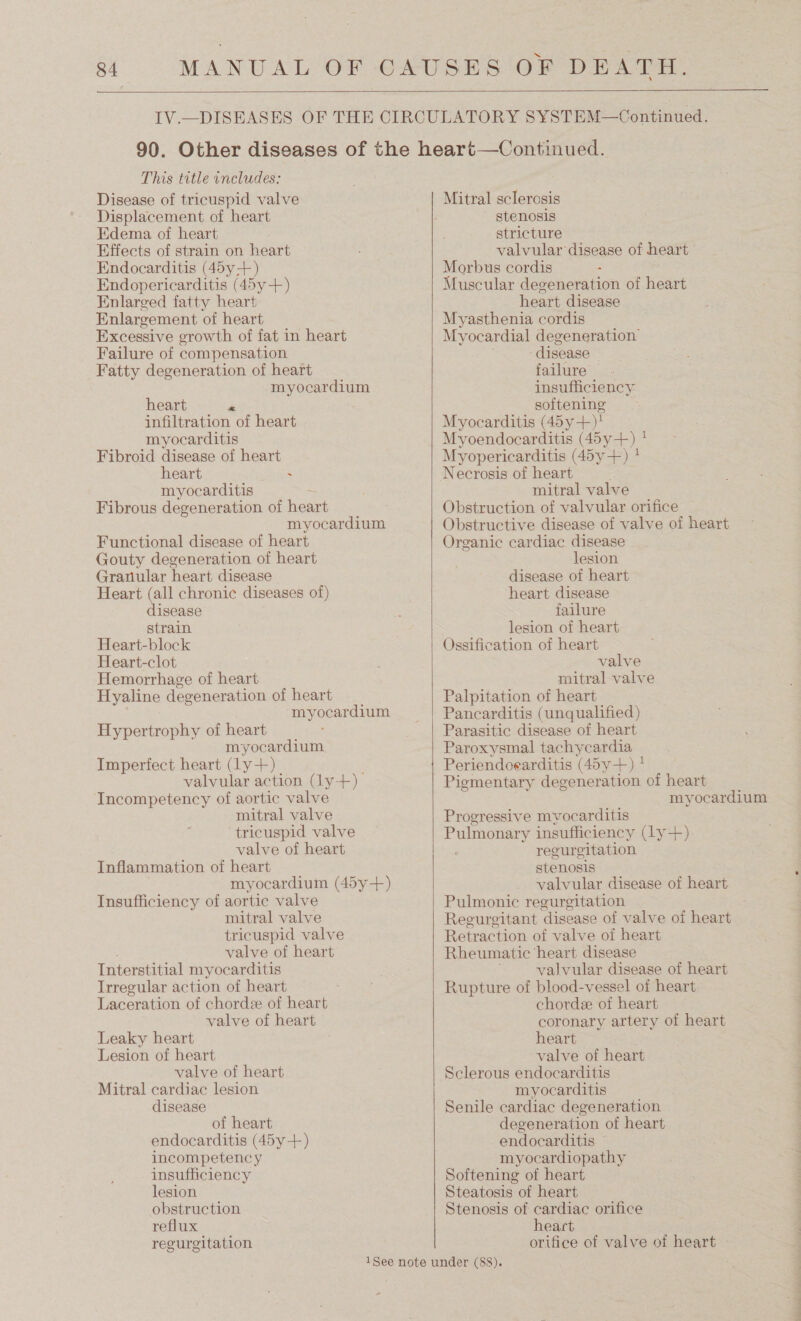   This title includes: Disease of tricuspid valve Displacement of heart Edema of heart Effects of strain on heart Endocarditis (45y+) Endopericarditis (45y-+) Enlarged fatty heart Enlargement of heart Excessive growth of fat in heart Failure of compensation Fatty degeneration of heart myocardium heart x infiltration of heart myocarditis Fibroid disease of heart heart ~ myocarditis Fibrous degeneration of haaus myocardium Functional disease of heart Gouty degeneration of heart Granular heart disease Heart (all chronic diseases of) disease strain Heart-block Heart-clot Hemorrhage of heart Hyaline degeneration of heart myocardium Hypertrophy of heart myocardium Imperfect heart (Ly+) valvular action (ly-+) Incompetency of aortic valve mitral valve tricuspid valve valve of heart Inflammation of heart myocardium (45y-+) Insufficiency of aortic valve mitral valve tricuspid valve valve of heart Interstitial myocarditis Irregular action of heart Laceration of chord of heart valve of heart Leaky heart Lesion of heart valve of heart Mitral cardiac lesion disease of heart endocarditis (45y+) incompetency insufficiency lesion obstruction reflux regurgitation     Mitral sclerosis stenosis stricture valvular disease of heart Morbus cordis - Muscular degeneration of heart heart disease Myasthenia cordis Myocardial degeneration’ disease failure insufficiency softening Myocarditis (45y+)' Myoendocarditis (45y+) ! Myopericarditis (45y-+) * Necrosis of heart mitral valve Obstruction of valvular orifice Obstructive disease of valve of heart Organic cardiac disease lesion disease of heart heart disease failure lesion of heart valve mitral-valve Palpitation of heart Pancarditis (unqualified) Parasitic disease of heart Paroxysmal tachycardia Periendoearditis (45y +)} Pigmentary degeneration of heart myocardium Progressive myocarditis Pulmonary insufficiency (ly-+) reg ureitation stenosis valvular disease of heart Pulmonic regurgitation Reeuregitant ‘disease of valve of heart Retraction of valve of heart Rheumatic ‘heart disease valvular disease of heart Rupture of blood-vessel of heart chordee of heart coronary artery of heart heart valve of heart Sclerous endocarditis myocarditis Senile cardiac degeneration degeneration of heart endocarditis ; myocardiopathy Softening of heart Steatosis of heart Stenosis of cardiac orifice heart orifice of valve of heart -