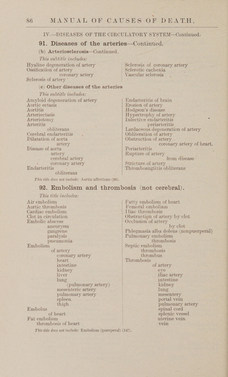   IV.—DISEASES OF THE CIRCULATORY SYSTEM—Continued. 91. Diseases of the arteries—Continued. (b) Arteriosclerosis—Continued. This subtitle includes: Hyaline degeneration of artery Ossification of artery coronary artery Sclerosis of artery * ‘Sclerosis of coronary artery Sclerotic cachexia Vascular sclerosis (c) Other diseases of the arteries This subtitle includes: Amyloid degeneration of artery Endarteritis of brain Aortic ectasis Erosion of artery Aortitis Hodgson’s disease . _ Arteriectasis Hypertrophy of artery Arteriotomy Infective endarteritis Arteritis periarteritis obliterans Cerebral endarteritis Dilatation of aorta artery coronary artery of heart. Disease of aorta Periarteritis © artery Rupture of artery cerebral artery coronary artery Wadaviet itis ; obliterans Obliteration of artery Obstruction of artery from disease Stricture of artery Thromboangiitis obliterans This title includes: Air embolism Fatty embolism of heart Aortic thrombosis Femoral embolism Cardiac embolism Thac thrombosis Clot in circulation Obstruction of artery by clot Embolic abscess Occlusion of artery aneurysm by clot gangrene Phlegmasia alba dolens (nonpuerperal) paralysis Pulmonary embolism pheumonia thrombosis Bimbolism Septic embolism of artery thrombosis coronary artery thrombus heart Thrombosis: intestine of artery kidney - eye liver iliac artery lung intestine (pulmonary artery) | kidney mesenteric artery lung pulmonary artery mesentery spleen portal vein thigh pulmonary artery Embolus spinal cord of heart splenic vessel Fat embolism | uterine vein thrombosis of heart é vein.  T his title does not include: EKmbolism (puerperal) (147).