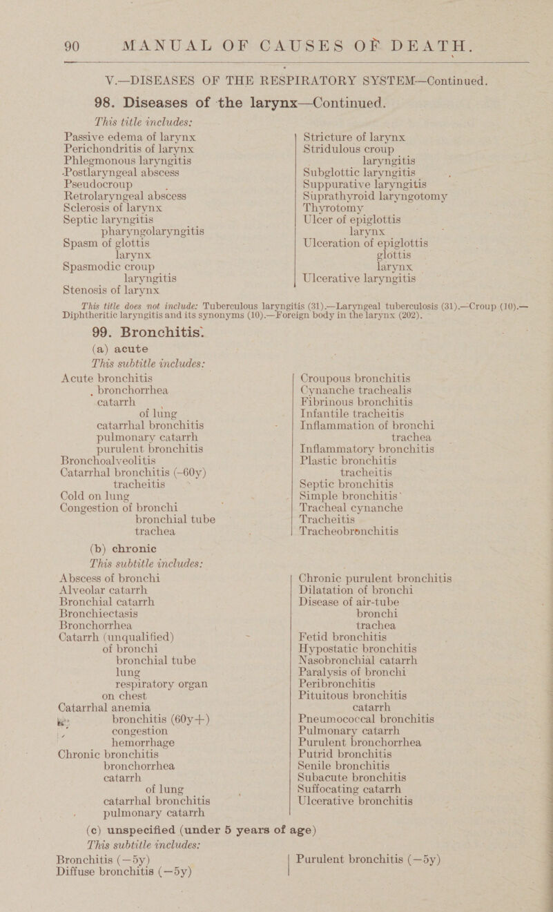   This title includes: Passive edema of larynx Perichondritis of larynx Phlegmonous laryngitis -Postlaryngeal abscess Pseudocroup Retrolaryngeal abscess Sclerosis of larynx Septic laryngitis pharyngolaryngitis Spasm of glottis larynx Spasmodic croup laryngitis Stenosis of larynx Stricture of larynx Stridulous croup laryngitis Subglottic laryngitis Suppurative laryngitis Suprathyroid sit boi ege at: Thyrotomy Ulcer of epiglottis larynx Ulceration of epiglottis glottis larynx, — Ulcerative laryngitis 99. Bronchitis. (a) acute This subtitle includes: Acute bronchitis . bronchorrhea catarrh : of lung catarrhal bronchitis pulmonary catarrh purulent bronchitis Bronchoalveolitis Catarrhal bronchitis (-60y) tracheitis Cold on lung Congestion of bronchi bronchial tube trachea (b) chronic This subtitle includes: Abscess of bronchi Alveolar catarrh Bronchial catarrh Bronchiectasis Bronchorrhea Catarrh (unqualified) of bronchi bronchial tube lung respiratory organ on chest Catarrhal anemia bees bronchitis (60y-+) i congestion hemorrhage Chronic bronchitis bronchorrhea catarrh ly of lung catarrhal bronchitis pulmonary catarrh Croupous bronchitis Cynanche trachealis Fibrinous bronchitis Infantile tracheitis Inflammation of bronchi trachea Inflammatory bronchitis Plastic bronchitis tracheitis Septic bronchitis Simple bronchitis* Tracheal cynanche Tracheitis Tracheobronchitis Chronic purulent bronchitis Dilatation of bronchi Disease of air-tube bronchi trachea Fetid bronchitis Hypostatic bronchitis Nasobronchial catarrh Paralysis of bronchi Peribronchitis Pituitous bronchitis catarrh Pneumococcal bronchitis Pulmonary catarrh Purulent bronchorrhea Putrid bronchitis Senile bronchitis Subacute bronchitis Suffocating catarrh Ulcerative bronchitis This subtitle includes: Bronchitis (—5y) Diffuse bronchitis (—5y) Purulent bronchitis (—5y) 