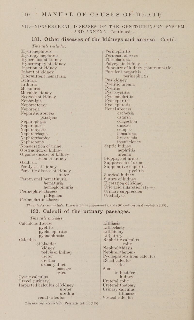 LOR * VERONA os ee OF eee  VII.—NONVENEREAL DISEASES OF THE GENITOURINARY SYSTEM AND ANNEXA—Continued. - 131. Other diseases of the kidneys and annexa—Contd. This title includes: Hydronephrosis ~ Hydropyonephrosis Hyperemia of kidney Hypertrophy of kidney Inaction of kidney Infarct of kidney Intermittent hematuria Ischuria Lithuria Melanuria Movable kidney Necrosis of kidney Nephralgia Nephrectomy Nephresia Nephritic abscess paralysis Nephroplegia Nephroptosis Nephropyosis Nephrorrhagia Nephrorrhaphy Nephrotomy Nonsecretion of urine . Obstruction, of kidney Organic disease of kidney lesion of kidney Oxaluria Paralysis of kidney Parasitic disease of kidney ureter Paroxysmal hematinuria hematuria hemoglobinuria Perinephric abscess phlegmon Perinephritic abscess  Perinephritis Perirenal abscess. Phosphaturia Polycystic kidney - Puncture of kidney (nontraumatic ) Purulent nephritis perinephritis Pus kidney Pyelitic uremia Pyelitis Pyelocystitis Pyelonephritis Pyonephritis Pyonephrosis Renal abscess cachexia catarrh congestion disease ectopla’ hematuria hyperemia insufficiency Septic kidney nephritis uremia Stoppage of urine Suppression of urine Suppurative nephritis pyelitis Surgical kidney Suture of kidney Ulceration of eleey Uric acid infarction (ly +) Urinary suppression Urodialysis This title includes: Calculous disease pyelitis pyelonephritis pyonephrosis Calculus of bladder kidney pelvis of kidney ureter urethra urinary duct passage tract Cystic calculus Gravel (urinary) Impacted calculus of kidney ureter urethra renal calculus  Lithiasis Lithoclasty Lithotomy Lithotrity Nephritic calculus colic Nephrolithiasis Nephrolithotomy Pyonephrosis from calculus. Renal calculus colic Stone in bladder kidney Ureteral colic Ureterolithotomy Urinary calculus | lithiasis
