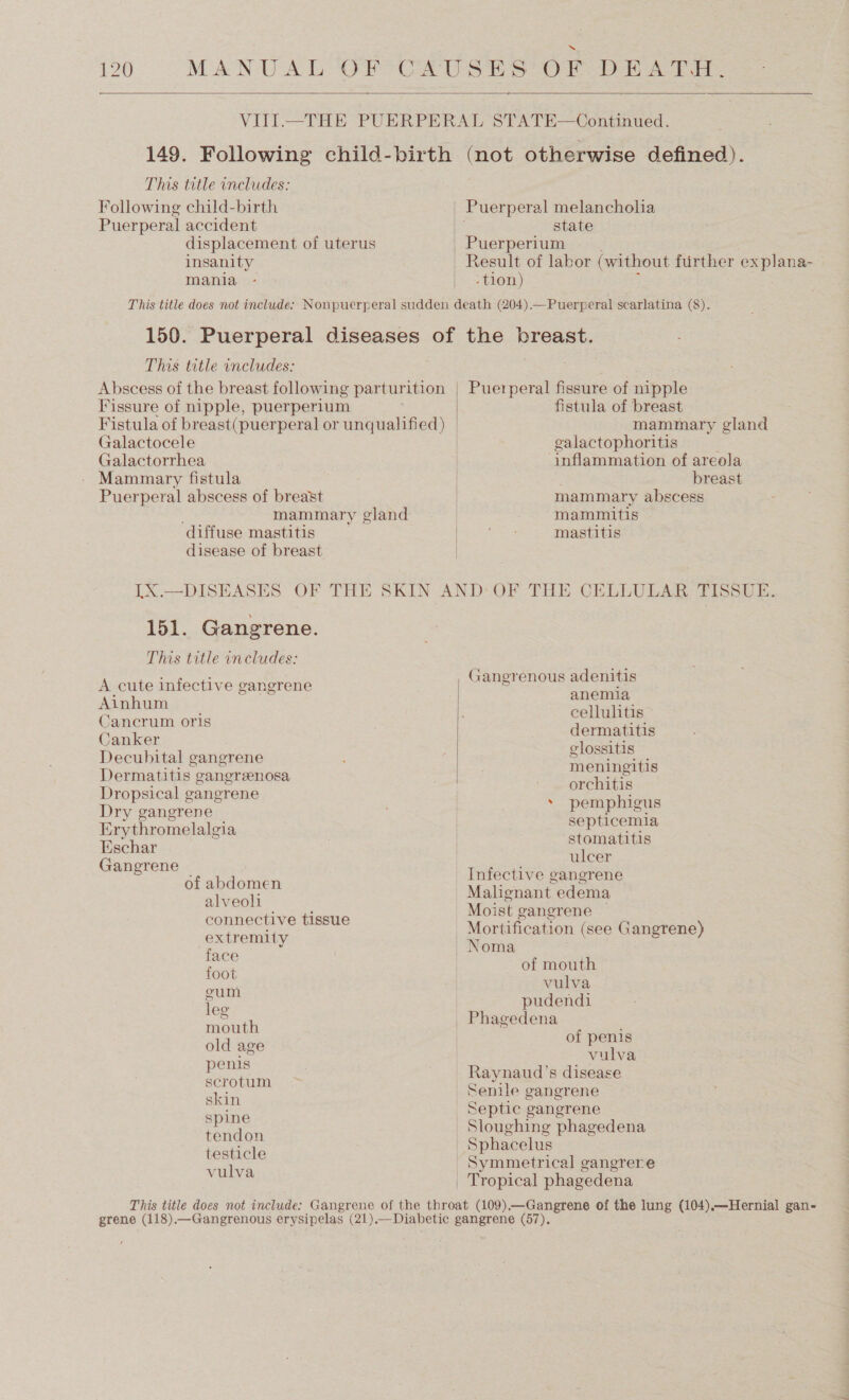  149. Following child-birth This title includes: Following child-birth Puerperal accident displacement of uterus insanity mania - (not otherwise defined). state Puerperium Result of labor (without further explana- -tion) 150. Puerperal diseases of This title includes: Abscess of the breast following parturition Fissure of nipple, puerperium Fistula of breast(puerperal or unqualifi ed) | Galactocele Galactorrhea Mammary fistula Puerperal abscess of breast mammary gland diffuse mastitis disease of breast [X.—DISEASES 151. Gangrene. This title includes: A cute infective gangrene Ainhum Cancrum oris Canker Decubital gangrene Dermatitis gangreenosa Dropsical gangrene Dry gangrene Erythromelalgia Eschar Gangrene of abdomen alveoli connective tissue extremity face foot eum leg mouth old age penis scrotum skin spine tendon testicle vulva the DESSSt, Puerperal fissure of nipple fistula of breast mammary gland galactophoritis ‘inflammation of areola breast mammary abscess mammitis mastitis Gangrenous adenitis anemia celluhtis dermatitis clossitis meningitis orchitis pemphigus septicemia stomatitis | ulcer | Infective gangrene | Malignant. edema Moist gangrene Mortification (see Gangrene) Noma of mouth vulva pudendi Phagedena of penis vulva _ Raynaud’s disease _ Senile gangrene _ Septic gangrene | Sloughing phagedena | Sphacelus Symmetrical gangrere _ Tropical phagedena 