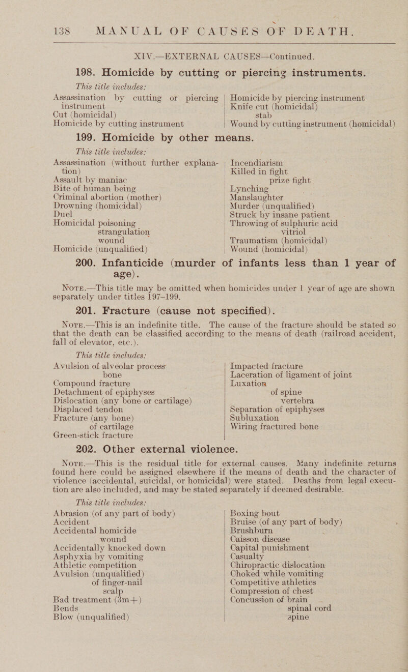 This title includes: Assassination instrument Cut (homicidal) Homicide by cutting instrument Homicide by piercing instrument Knife cut (homicidal) stab . Wound by cutting instrument (homicidal) This title includes: Assassination (without further explana- tion ) Assault by maniac Bite of human being Criminal abortion (mother) Drowning (homicidal) Duel Homicidal poisoning strangulation wound Homicide (unqualified ) Incendiarism prize fight Throwing of sulphuric acid vitriol Traumatism (homicidal) Wound (homicidal) age). separately under titles 197-199. Notre.—This is an indefinite title. fall of elevator, etc.). This ttle includes: Avulsion of alveolar process bone Compound fracture Detachment of epiphyses Dislocation (any bone or cartilage) Displaced tendon Fracture (any bone) of cartilage Green-stick fracture 202. Impacted fracture Laceration of ligament of joint Luxation of spine vertebra Separation of epiphyses Subluxation Wiring fractured bone Many indefinite returns This title includes: Abrasion (of any part of body) Accident Accidental homicide wound Accidentally knocked down Asphyxia by vomiting Athletic competition Avulsion (unqualified ) of finger-nail scalp Bad treatment (3m-+) Bends Blow (unqualified ) Boxing bout Bruise (of any part of Pedy Brushburn Caisson disease Capital punishment Casualty Chiropractic dislocation Choked while vomiting Competitive athletics Compression of chest Concussion of brain spinal cord spine