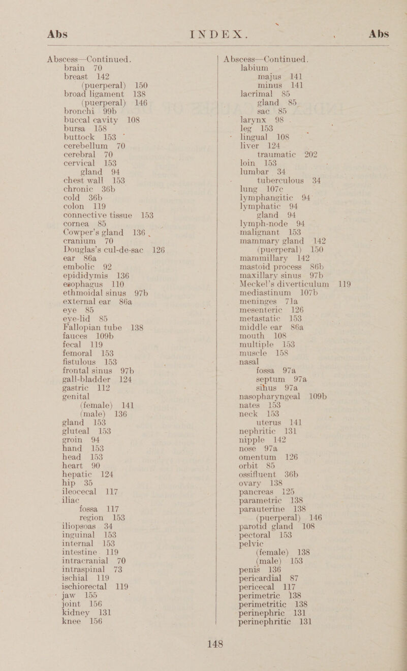 Abs  Abscess—Continued. brain 70 breast 142 - (puerperal) 150 broad hgament 138 (puerperal) 146 bronchi 99b buccal cavity 108 bursa 158 buttock: 259° cerebellum 70 cerebral 70 cervical 153 gland 94 chest wall 153 chronic 36b cold 36b colon 119 connective tissue 153 cornea 8D) Cowper's gland 136 | cranium 70 Douglas’s cul-de-sac 126 ear 86a embolic 92 epididymis 136 esophagus 110 ethmoidal sinus 97b external ear 86a eye 8) eye-lid 85 Fallopian tube 138 fauces 109b fecal 119 femoral 153 fistulous 153 frontal sinus 97b gall-bladder 124 gastric 112 genital (female) 141 (male) 136 gland 153 gluteal 153 eroin 94 hand 153 head 153 heart 90 hepatic 124 hip 35 ileocecal 117 iliac fossa 117 region 153 iliopsoas 34 inguinal 153 internal 153 intestine. 119 intracranial 70 intraspinal 73 ischial 119 ischiorectal 119 ‘jaw 155 joint 156 kidney 1381 knee 156 INDEX. Abs A bscess—Continued. labium ' majus 141  148 minus. 141 lacrimal. 85 gland 85. sac 8) larynx 98 . leg 153 lingual 108 liver 124 traumatic 202 loin 153 lumbar | 34 tuberculous 34 lung 107c lymphangitic 94 lymphatic 94 eland 94 lymph-node 94 mahenant 153 mammary gland 142 (puerperal) 150 mammillary 142 mastoid process 86b maxillary sinus 97b Meckel’s diverticulum 119 mediastinum 107b meninges 7la mesenteric 126 metastatic 153 middle ear 86a mouth 108 multiple 153 muscle 158 nasal fossa 97a septum 97a sihus 97a nasopharyngeal 109b nates 153 neck 153 uterus 141 nephritic 131 nipple 142 nose 97a omentum. 126 orbit 85 ossifluent 36b ovary 138 pancreas 125 parametric 138 parauterine 138 (puerperal) 146 parotid gland 108 pelvic (female) 138 (male) 153 penis 136 pericardial 87 pericecal 117 perimetric 138 perimetritic 138 perinephric 131 perinephritic 131 a a ee ee ee ee ee a a ee