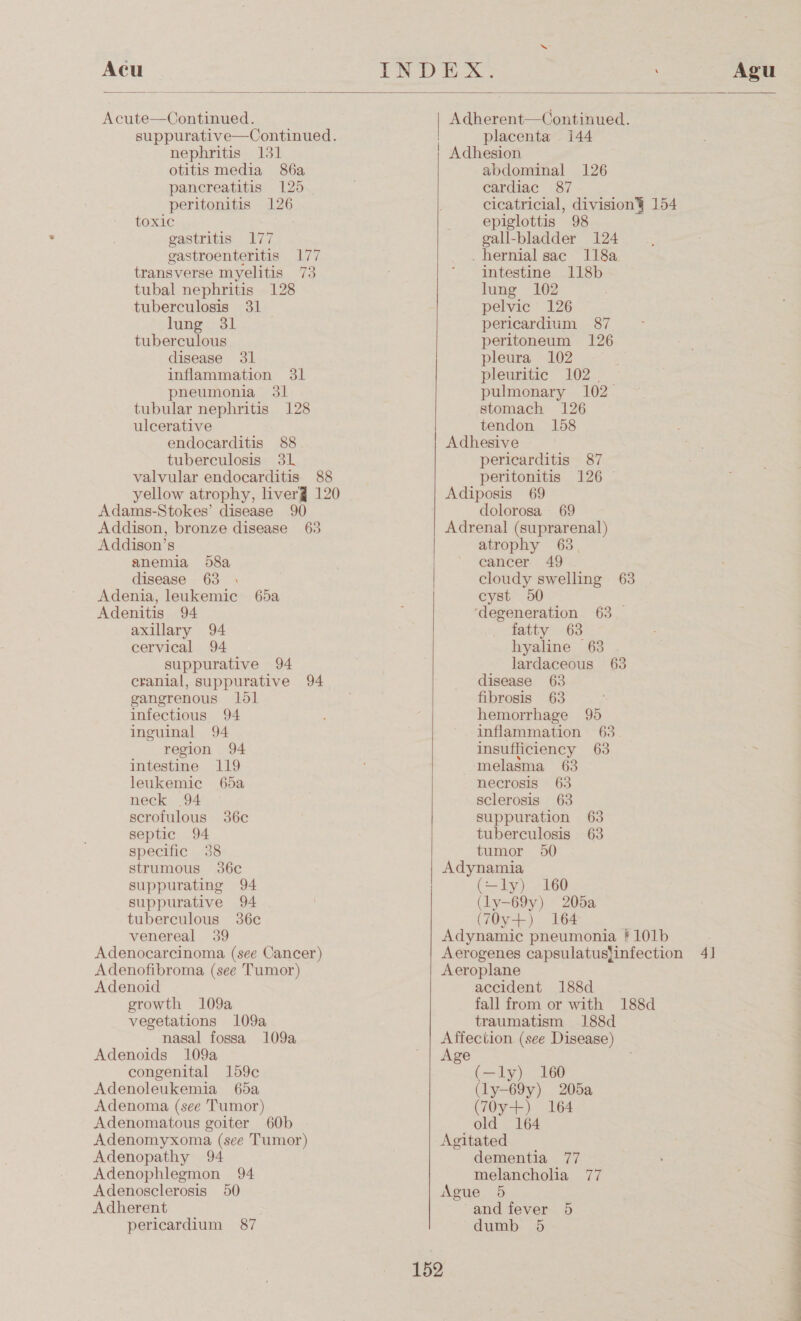  Acute—Continued. suppurative—Continued. nephritis 131 otitis media 86a pancreatitis 125 peritonitis 126 toxic gastritis 177 gastroenteritis 177 transverse myelitis 73 tubal nephritis 128 tuberculosis 31 lung 31 tuberculous disease 31 inflammation 31 pneumonia 31 tubular nephritis 128 ulcerative endocarditis 88 tuberculosis 31 valvular endocarditis 88 yellow atrophy, liverg 120 Adams-Stokes’ disease 90 Addison, bronze disease 63 Addison’s anemia 58a disease 63 Adenia, leukemic 65a Adenitis 94 axillary 94 cervical 94 suppurative 94 cranial, suppurative 94 gangrenous 1lodl infectious 94 inguinal 94 region 94 intestine 119 leukemic 65a neck 94 scrofulous 36ce septic 94 specific 38 strumous 36c suppurating 94 suppurative 94 tuberculous 36c venereal 39 Adenocarcinoma (see Cancer) Adenofibroma (see Tumor) Adenoid growth 109a vegetations 109a nasal fossa 109a Adenoids 109a congenital 159c Adenoleukemia 65a Adenoma (see Tumor) Adenomatous goiter 60b Adenomyxoma (see Tumor) Adenopathy 94 Adenophlegmon 94 Adenosclerosis 50 Adherent pericardium 87 Adherent—Continued. | placenta 144 | Adhesion abdominal 126 cardiac 87 cicatricial, division§ 154 epiglottis 98 gall-bladder 124 . hernial sac 118a intestine 118b lung 102 pelvic 126 pericardium 87 peritoneum 126 pleura 102 pleuritic 102. pulmonary 102— stomach 126 tendon 158 Adhesive pericarditis 87 peritonitis 126 © Adiposis 69 . dolorosa — 69 Adrenal (suprarenal) atrophy 63 cancer 49 cloudy swelling 63 cyst 50 ‘degeneration 63 fatty 63 hyaline 63 . lardaceous 63 disease 63 fibrosis 63 hemorrhage 95 inflammation 63 insufficiency 63 melasma 63 necrosis 63 sclerosis 63 suppuration 63 tuberculosis 63 tumor 950 Adynamia (~—ly) 160 (ly-69y) 205a (70y+) 164 Adynamic pneumonia ? 101b Aerogenes capsulatus{infection 4] Aeroplane accident 188d fall from or with 188d traumatism 188d Affection (see Disease)   Age (—ly) 160 (ly-69y) 205a (70y+) 164 old 164 Agitated dementia 77 melancholia 77 Ague 5 and fever 5 dumb 5