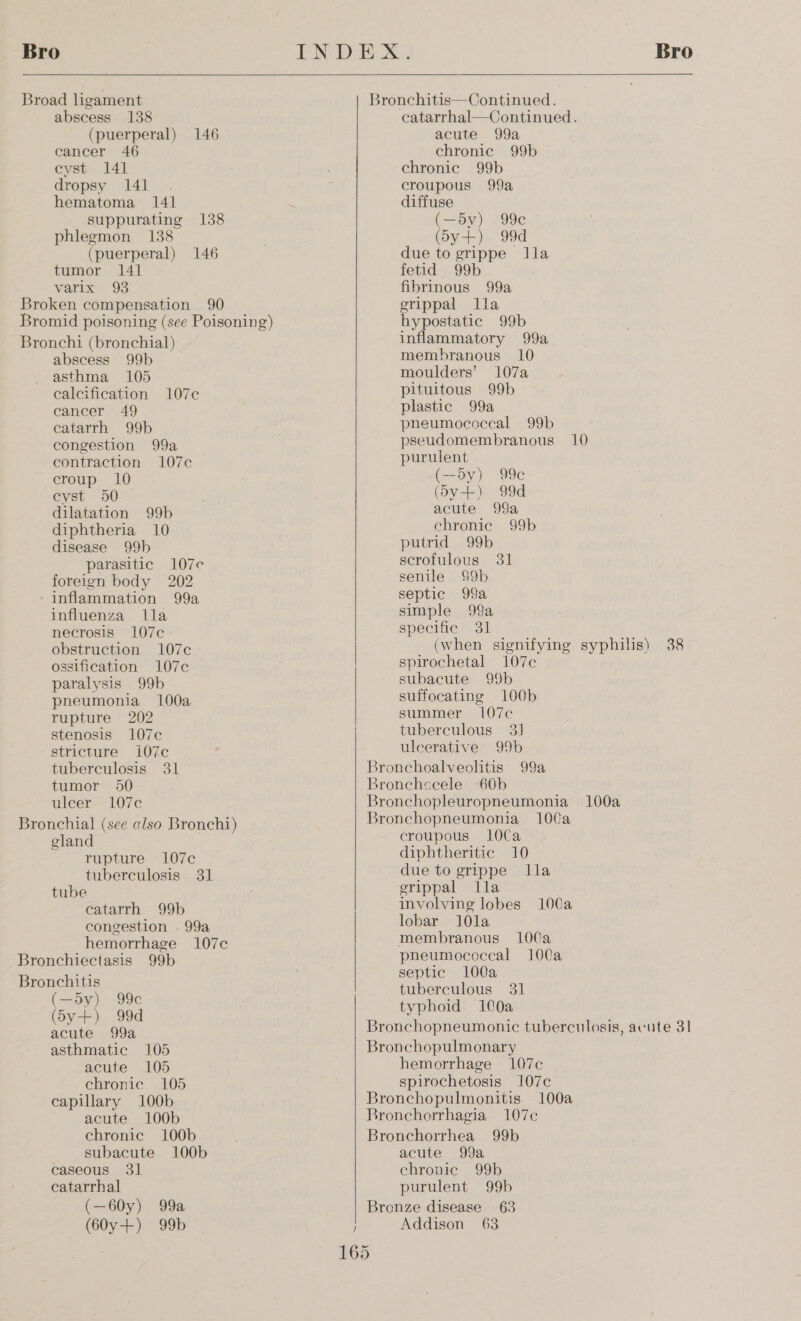 Bro  Broad ligament abscess 138 (puerperal) 146 cancer 46 cyst 141 dropsy 141 . hematoma 141 suppurating 138 phlegmon 138 (puerperal) 146 tumor 141 varix 93 Broken compensation 90 Bromid poisoning (see Poisoning) Bronchi (bronchial) abscess 99b asthma 105 calcification 107c cancer 49 catarrh 99b congestion 99a contraction 107c croup. 10 cyst 50 dilatation 99b diphtheria 10 disease 99b parasitic 107¢ foreign body 202 inflammation 99a influenza lla necrosis 107c obstruction 107c ossification 107c paralysis 99b pneumonia 100a rupture 202 stenosis 107c stricture i07c tuberculosis 31 tumor 50 ulcer 107c Bronchial (see also Bronchi) eland rupture 107c tuberculosis 31 tube catarrh 99b congestion . 99a hemorrhage 107c Bronchiectasis 99b Bronchitis (—5y) 99c (Sy+) 99d acute 99a asthmatic 105 acute 105 chronic 105 capillary 100b acute 100b chronic 100b subacute 100b catarrhal (—60y) 99a (60y+) 99b INDEX. Bro Bronchitis—Continued. catarrhal—Continued. acute 99a chronic 99b chronic 99b croupous 99a diffuse (—5y) 99c (5y-+) 99d due to grippe lla fetid 99b fibrinous 99a erippal lla hypostatic 99b inflammatory 99a membranous 10 moulders’ 107a pituitous 99b plastic 99a pneumococcal 99b pseudomembranous 10  purulent (—5d5y) 99e (Sy+) 99d acute 99a chronic 99b putrid 99b scrofulous 31 senile $9b septic 99a simple 99a specific 31 (when signifying syphilis) 38 spirochetal 107c subacute 99b suffocating 100b summer 107c tuberculous 3] ulcerative 99b Bronchoalveolitis 99a Bronchccele 60b Bronchopleuropneumonia 100a Bronchopneumonia 100a croupous 1l0Ca diphtheritic 10 due to grippe lla erippal lla involving lobes 100a lobar 10la membranous 100a pneumococcal 100a septic 100a tuberculous 31 typhoid 1(0a Bronchopneumonic tuberculosis, acute 31 Bronchopulmonary hemorrhage 107c spirochetosis 107c Bronchopulmonitis 100a Bronchorrhagia 107c¢ Bronchorrhea 99b acute 99a purulent 99b Bronze disease 63 4 Addison 63
