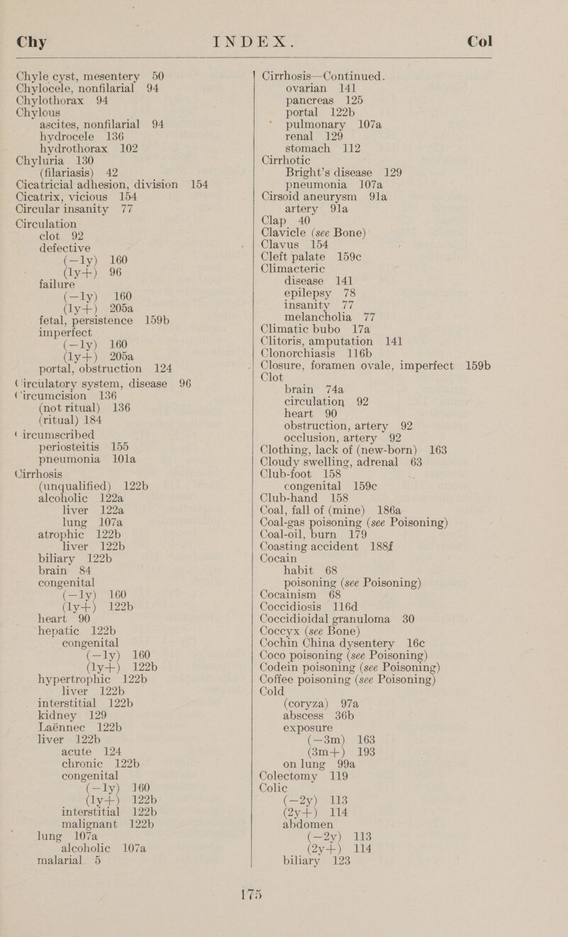 Chy  Chyle cyst, mesentery 50 Chylocele, nonfilarial 94 Chylothorax 94 Chylous ascites, nonfilarial 94 hydrocele 136 hydrothorax 102 Chyluria 130 (filariasis) 42 Cicatricial adhesion, division 154 Cicatrix, vicious 154 Circular insanity 77 Circulation clot. 92 defective (—ly) 160 _ Uly+) 96 failure (—ly) 160 (ly+) 205a fetal, persistence 159b impertect (—ly) 160 (ly+) 205a portal, obstruction 124 Circulatory system, disease 96 (‘ireumcision 136 (not ritual) 136 (ritual) 184 ‘ irecumscribed periosteitis 155 pneumonia 1l0la Cirrhosis (unqualified) 122b alcoholic 122a liver 122a lung 107a atrophic 122b liver 122b biliary 122b brain 84 congenital (—ly) 160 (yt) 1938 heart 90 hepatic 122b congenital (—ly) 160 (ly+) 122b hypertrophic 122b liver 122b interstitial 122b kidney 129 Laénnec 122b liver 122b acute 124 chronic 122b congenital (—ly) 160 (ly+) 122b interstitial 122b malignant 122b lung 107a alcoholic 107a malarial. 5     Cirrhosis—Continued. ovarian 141 pancreas 125 portal 122b pulmonary 107a renal 129 stomach 112 Cirrhotic Bright’s disease 129 pneumonia 107a Cirsoid aneurysm 9la artery 9la Clap 40 Clavicle (see Bone) Clavus 154 Cleft palate 159c Climacteric disease 141 epilepsy 78 insanity 77 melancholia 77 Climatic bubo 17a Clitoris, amputation 141 Clonorchiasis 116b Closure, foramen ovale, imperfect 159b Clot brain 74a circulation 92 heart 90 obstruction, artery 92 occlusion, artery 92 Clothing, lack of (new-born) 163 Cloudy swelling, adrenal 63 Club-foot 158 congenital 159c Club-hand 158 Coal, fall of (mine) 186a: Coal-gas poisoning (see Poisoning) Coal-oil, burn 179 Coasting accident 188f Cocain habit 68 poisoning (see Poisoning) Cocainism 68 Coccidiosis 116d Coccidioidal granuloma 30 Coccyx (see Bone) Cochin China dysentery 16c Coco poisoning (see Poisoning) Codein poisoning (see Poisoning) Coffee poisoning (see Poisoning) Cold (coryza) 97a, abscess 36b exposure (—3m) 163 (3m+) 193 onlung 99a Colectomy 119 Colic (27 ee (yar tia abdomen G4,) 113 (Zaye) 114 biliary 123