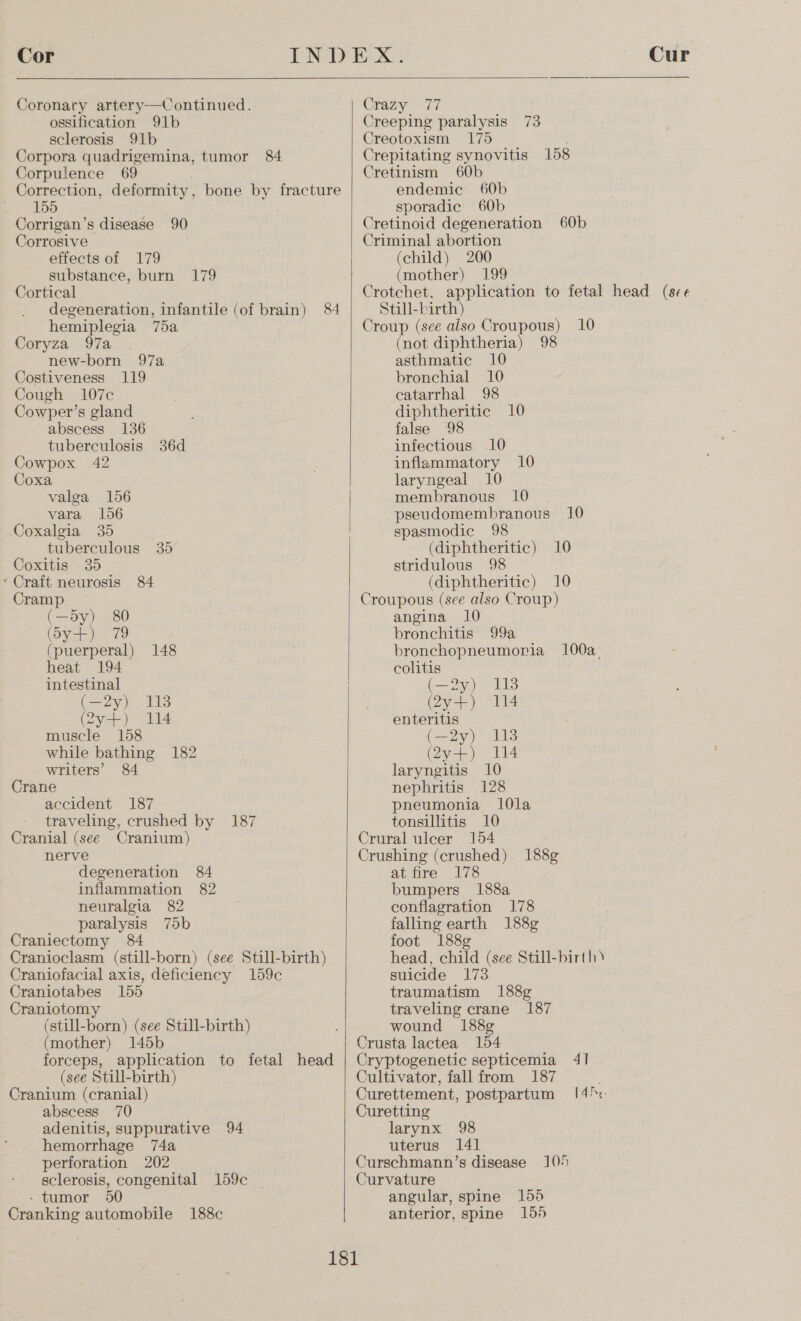 Cor  Coronary artery—Continued.. ossification 91b sclerosis 91b Corpora quadrigemina, tumor 84 Corpulence 69 Correction, deformity, bone by fracture be OD Corrigan’s disease 90 Corrosive effects of 179 substance, burn 179 Cortical degeneration, infantile (of brain) 84 hemiplegia 75a Coryza 97a new-born 97a Costiveness 119 Cough 107c Cowper’s gland abscess 136 tuberculosis 36d Cowpox 42 Coxa valea 156 vara 156 Coxalgia 35 tuberculous 35 Coxitis 35 ‘Craft neurosis 84 Cramp (—dy) 80 Oy) 19 (puerperal) 148 heat 194 intestinal (229) 13 (yp) hls muscle 158 while bathing 182 writers’ 84 Crane accident 187 traveling, crushed by 187 Cranial (see Cranium) nerve degeneration 84 inflammation 82 neuralgia 82 paralysis 75b Craniectomy 84 Cranioclasm (still-born) (see Still-birth) Craniofacial axis, deficiency 159c Craniotabes 155 Craniotomy (stull-born) (see Still-birth) (mother) 145b forceps, application to fetal head (see Still-birth) Cranium (cranial) abscess 70 adenitis, suppurative 94 hemorrhage 74a perforation 202 sclerosis, congenital 159c - tumor 50 Cranking automobile 188c   Cur  Crazy 77 Creeping paralysis 73 Creotoxism 175 . Crepitating synovitis 158 Cretinism 60b endemic 60b sporadic 60b Cretinoid degeneration 60b Criminal abortion (child) 200 (mother) 199 Crotchet, application to fetal head (s¢¢ Still-birth) Croup (see also Croupous) 10 (not diphtheria) 98 asthmatic 10 bronchial 10 catarrhal 98 diphtheritic 10 false 98 infectious 10 inflammatory 10 laryngeal 10 membranous 10 pseudomembranous 10 spasmodic 98 (diphtheritic) 10 stridulous 98 (diphtheritic) 10 Croupous (see also Croup) angina 10 bronchitis 99a bronchopneumonia 100a, colitis (2) 113 (Zy-5) 1 enteritis (oy) 19 (y+) 114 laryngitis 10 nephritis 128 pneumonia 10la tonsillitis 10 Crural ulcer 154 Crushing (crushed) 188g at fire 178 bumpers 188a conflagration 178 falling earth 188g foot 188¢ head, child (see Still-birth) suicide 173 traumatism 188g traveling crane 187 wound 188g Crusta lactea 154 Cryptogenetic septicemia 41 Cultivator, fall from 187 Curettement, postpartum 14+. Curetting larynx 98 uterus 141 Curschmann’s disease 104 Curvature angular, spine 155 anterior, spine 155