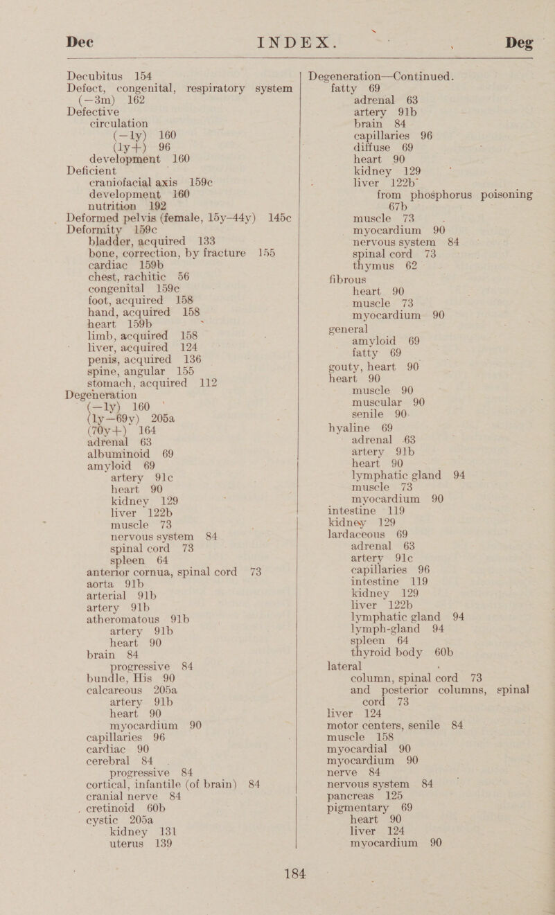   Dee INDEX. ' Deg Decubitus 154 Degeneration—Continued. Defect, congenital, respiratory system fatty 69 (—3m) 162 adrenal 63 Defective artery 91b circulation brain 84 (—dy) 160 capillaries 96 (ly+) 96 diffuse 69 development 160 heart 90 Deficient kidney 129 craniofacial axis 159c liver 122b development 160 from phosphorus poisoning nutrition 192 67b _ Deformed pelvis (female, liy—44y) 145c Deformity 159c bladder, acquired 133 bone, correction, by fracture 155 cardiac 159b chest, rachitic 56 congenital 159c foot, acquired 158 hand, acquired 158 heart 159b = limb, acquired 158 liver, acquired 124 penis, acquired 136 spine, angular 155 stomach, acquired 112 Degeneration (—ly) 160 — (ly—69y) 205a (70y+) 164 adrenal 63 albuminoid 69 amyloid 69 artery 91c heart 90 kidney 129 liver 122b muscle 73 nervous system 84 spinal cord 73 spleen 64 anterior cornua, spinal cord 73 aorta 91b arterial 91b artery 91b atheromatous 91b artery 91b heart 90 brain 84 progressive 84 bundle, His 90 calcareous 205a artery 91b heart 90 myocardium 90 capillaries 96 cardiac 90 cerebral 84 progressive 84 cortical, infantile (of brain) 84 cranial nerve 84 , cretinoid 60b cystic 205a kidney 131 uterus 139    184 muscle 73 _ Inyocardium 90 nervous system 84 spinal cord 73 thymus 62 - fibrous heart 90 -muscle 73 myocardium 90 general amyloid 69 fatty 69 gouty, heart 90 heart 90 muscle 90 muscular 90 senile 90 hyaline 69 adrenal 63 artery 91b heart 90 lymphatic gland 94 muscle 73 myocardium 90 intestine 119 kidney 129 lardaceous 69 adrenal 63 artery 91c capillaries 96 intestine 119 kidney 129 liver 122b lymphatic gland 94 lymph-gland 94 spleen 64 thyroid body 60b lateral column, spinal cord 73 and posterior columns, spinal cord. “73 liver 124 motor centers, senile 84 muscle 158 myocardial 90 myocardium 90 nerve 84 nervous system 84 pancreas 125 pigmentary 69 heart 90 liver 124 myocardium 90