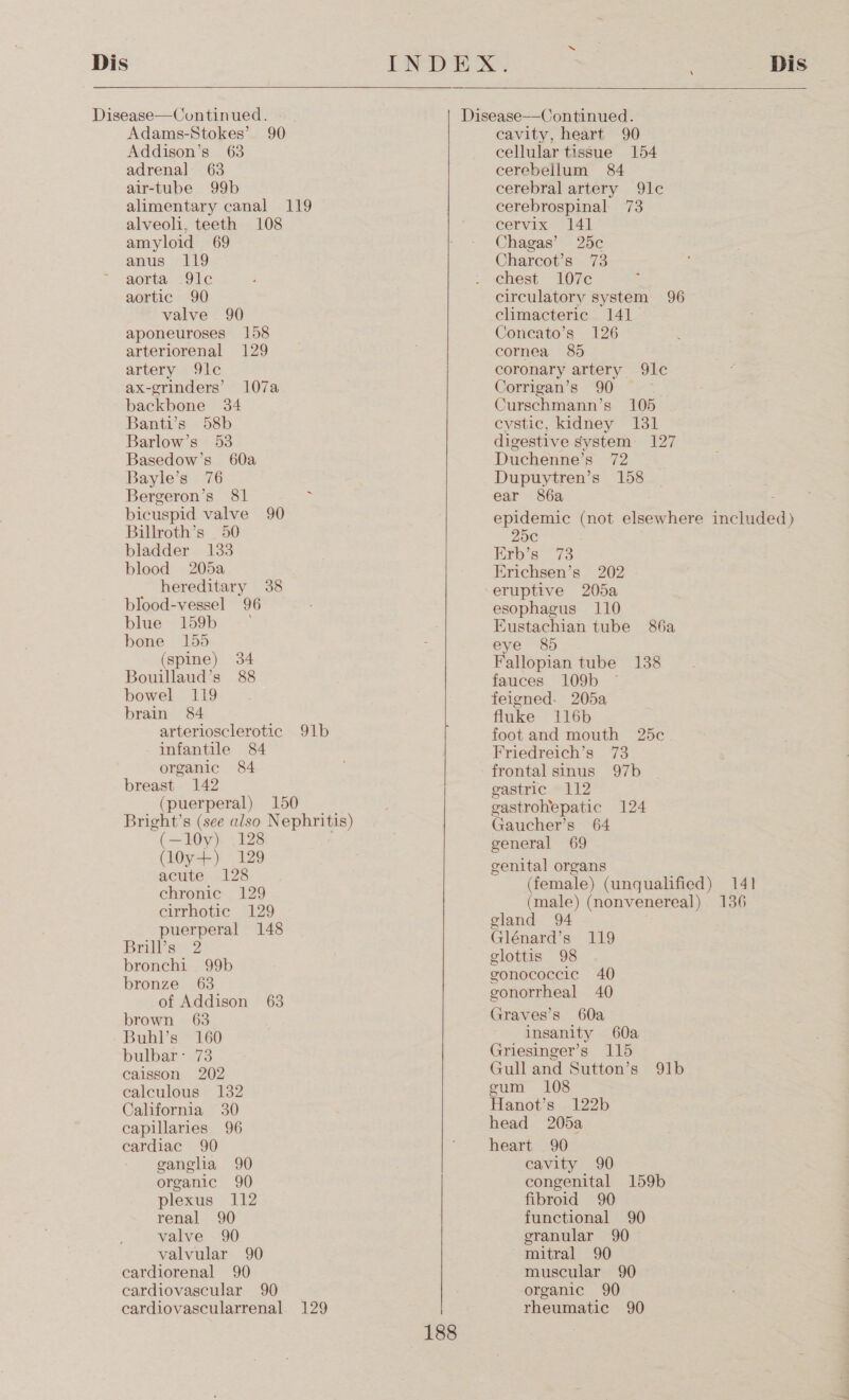 Dis  Disease—Continued. ~~ Adams-Stokes’ 90 Addison’s 63 adrenal 63 alr-tube 99b alimentary canal 119 alveoli, teeth 108 amyloid 69 anus 119 aorta 9lc aortic 90 valve 90 aponeuroses 158 arteriorenal 129 artery. 9c ax-grinders’ backbone 34 Banti’s 58b Barlow’s 53 Basedow’s 60a Bayle’s 76 Bergeron’s 81 bicuspid valve 90 Billroth’s 50 bladder 133 blood 205a hereditary 38 blood-vessel 96 blue 159b : bone 155 (spine) 34 Bouillaud’s 88 bowel 119 brain 84 arterlosclerotic 91b infantile 84 organic 84 breast 142 (puerperal) 150 Bright’s (see also Nephritis) 107a (—1l0y) 128 (loy+) 129 acute 128 chronic 129 cirrhotic 129 puerperal 148 Brill’s 2 bronchi 99b bronze 63 of Addison 63 brown 63 Buhl’s 160 bulbar: 73 caisson 202 calculous 132 California 30 capillaries 96 cardiac 90 - ganglia 90 organic 90 plexus 112 renal 90 valve 90 valvular 90 cardiorenal 90 cardiovascular 90 cardiovascularrenal 129       188 cavity, heart 90 cellular tissue 154 cerebellum 84 cerebral artery 91c cerebrospinal 73 cervix 141 Chagas’ 25c Charcot’s 73 chest 107c circulatory system 96 climacteric. 141 Concato’s 126 cornea 85 coronary artery 9lc Corrigan’s 90 ; Curschmann’s 105 cystic, kidney 131 digestive system 127 Duchenne’s 72 Dupuytren’s 158 ~ ear 86a - epidemic (not elsewhere included) 25¢c Erb’s 73 Erichsen’s 202 esophagus 110 Eustachian tube 86a eye 8) Fallopian tube 138 fauces 109b ~ feigned- 205a fluke 116b foot and mouth 25c. Friedreich’s 73 frontal sinus 97b gastric 112 gastrohepatic 124 Gaucher’s 64 general 69 genital organs (female) (unqualified) 14} (male) (nonvenereal) 136 eland 94 Glénard’s 119 glottis 98 gonococcic 40 gonorrheal 40 Graves’s 60a insanity 60a Griesinger’s 115 Gull and Sutton’s 91b gum 108 Hanot’s 122b head 205a heart 90 cavity 90 congenital 159b fibroid 90 functional 90 granular 90 mitral 90 muscular 90 organic 90 rheumatic 90