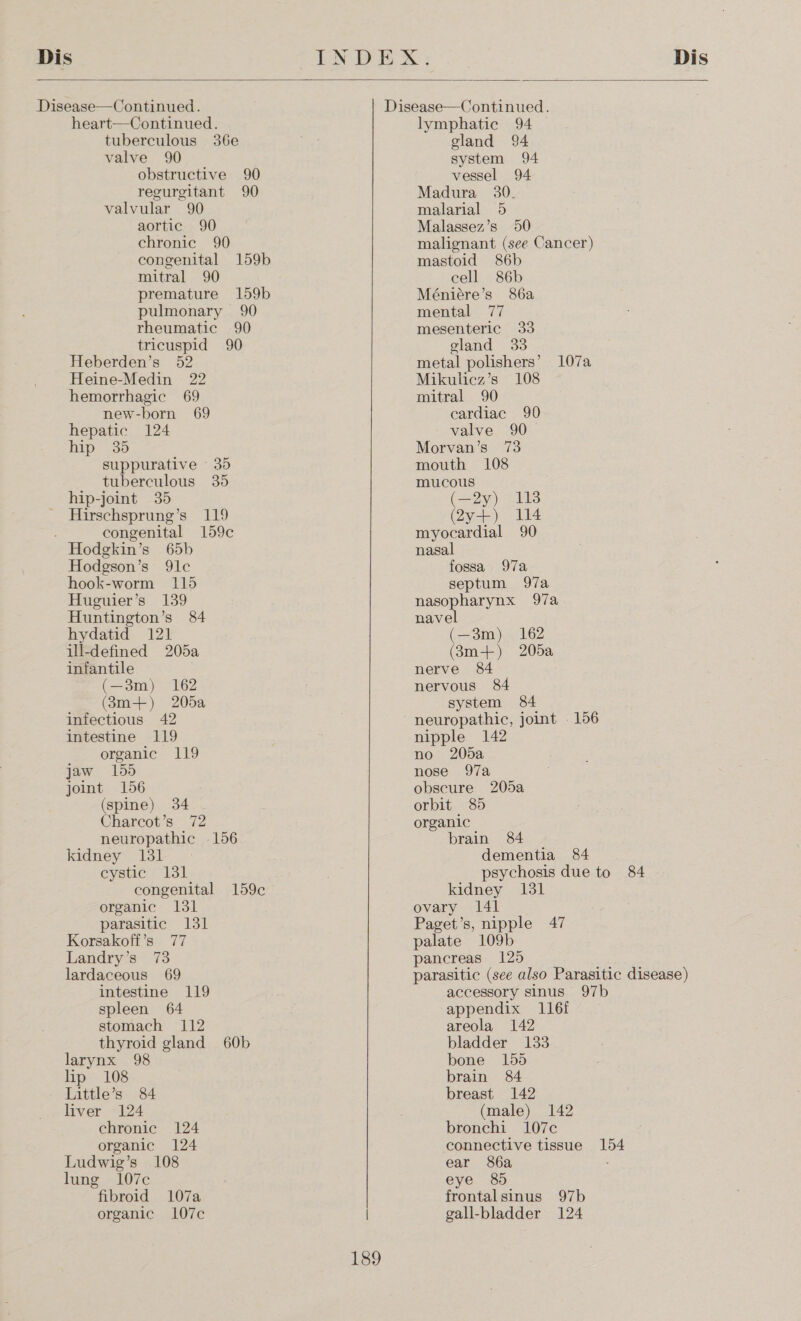  heart—Continued. tuberculous 36e valve 90 obstructive 90 regurgitant 90 valvular 90 aortic 90 chronic 90 congenital 159b mitral 90 premature 159b pulmonary 90 rheumatic 90 tricuspid 90 Heberden’s 52 Heine-Medin 22 hemorrhagic 69 new-born 69 hepatic 124 hip 35 suppurative 35 tuberculous 35 hip-joint 35 Hirschsprung’s 119 congenital 159c Hodgkin’s 65b Hodgson’s 91c hook-worm 115 Huguier’s 139 Huntington’s 84 hydatid 121 ill-defined 205a infantile (—3m) 162 (83m+) 205a infectious 42 intestine 119 organic 119 Jaw 155 joint 156 (spine) 34 Charcot’s 72 neuropathic 156 kidney 1381 cystic 131 congenital 159¢ organic 131 parasitic 131 Korsakoff’s 77 Landry’s 73 lardaceous 69 intestine 119 spleen 64 stomach 112 thyroid gland 60b larynx 98 lip 108 Little’s 84 liver 124 chronic 124 organic 124 Ludwig’s 108 lung 107c fibroid 107a organic 107c  189 lymphatic 94 gland 94 system 94 vessel 94 Madura 30. malarial 5 Malassez’s 50 malignant (see Cancer) mastoid &amp;6b cell 86b Méniére’s 86a mental 77 mesenteric 33 gland 33 metal polishers’ 107a Mikulicz’s 108 mitral 90 cardiac 90 valve 90 Morvan’s 73 mouth 108 mucous (—2y) 118 (2y+) 114 myocardial 90 nasal fossa 97a septum 97a nasopharynx 97a navel (—3m) 162 (83m+) 205a nerve 84 nervous 84 system 84 neuropathic, joint . 156 nipple 142 no 20d5a nose 97a obscure 205a orbit 85 organic brain 84 dementia 84 psychosis due to 84 kidney 131 ovary 141 Paget’s, nipple 47 palate 109b pancreas 125 parasitic (see also Parasitic disease) accessory sinus 97b appendix 116f areola 142 bladder 133 bone 155 brain 84 breast 142 (male) 142 bronchi 107c connective tissue 154 ear 86a eye 85 frontalsinus 97b gall-bladder 124